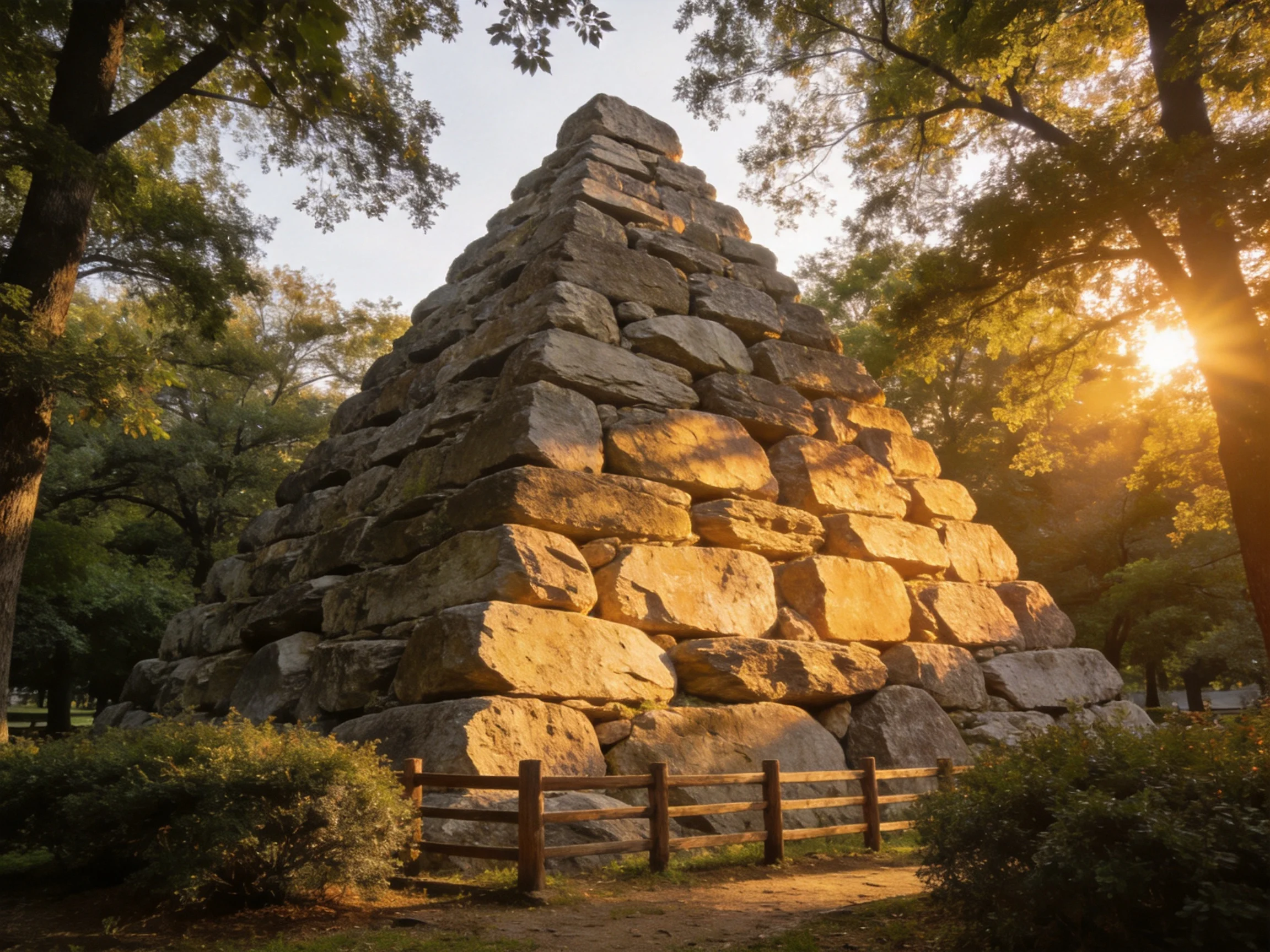 A massive stone pyramid structure amid lush trees under golden light