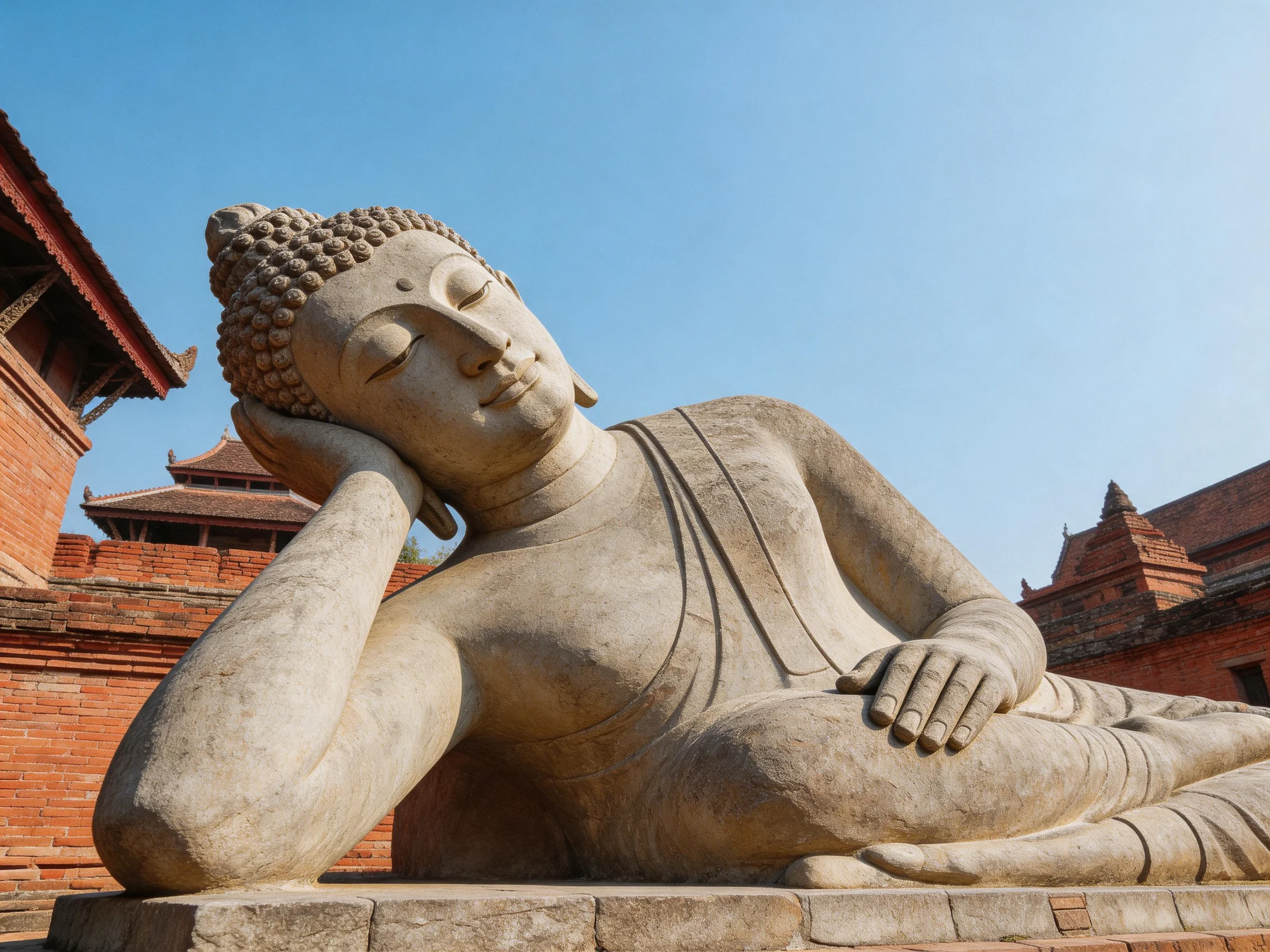 A massive stone reclining Buddha statue near ancient brick structures