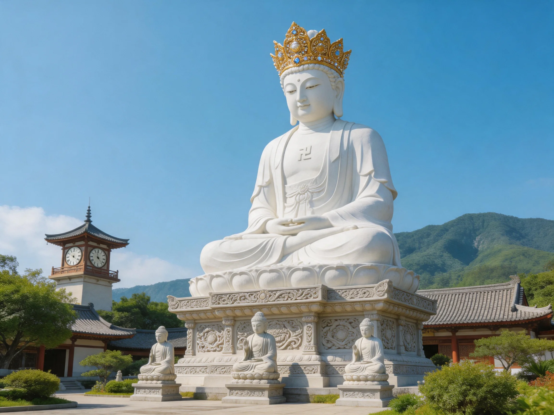 A massive white Buddha statue with golden crown near traditional temples