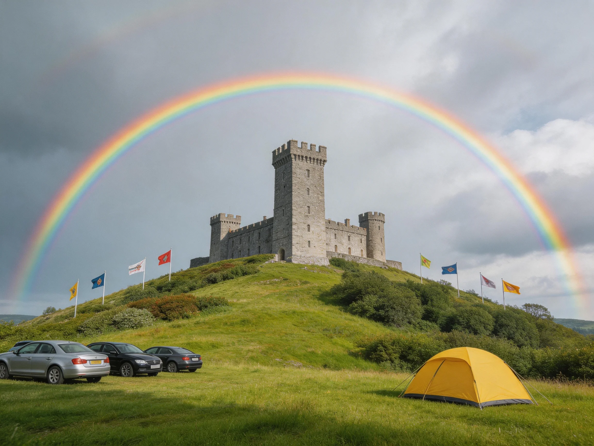 A medieval castle atop a green hill with a rainbow overhead