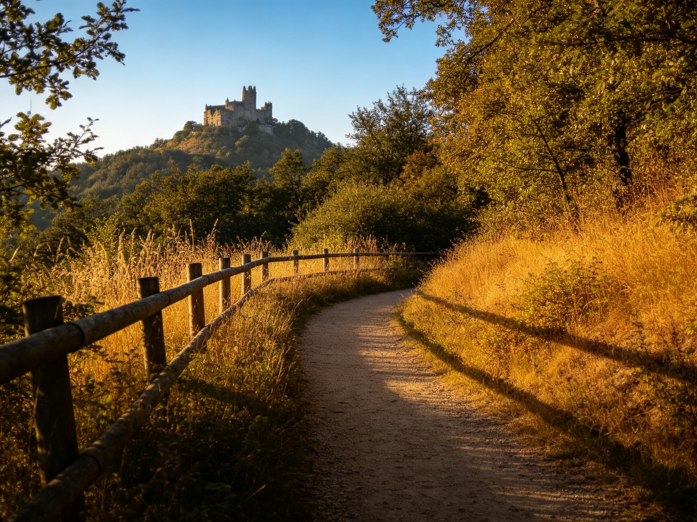 A medieval castle atop a hill overlooks a winding dirt path