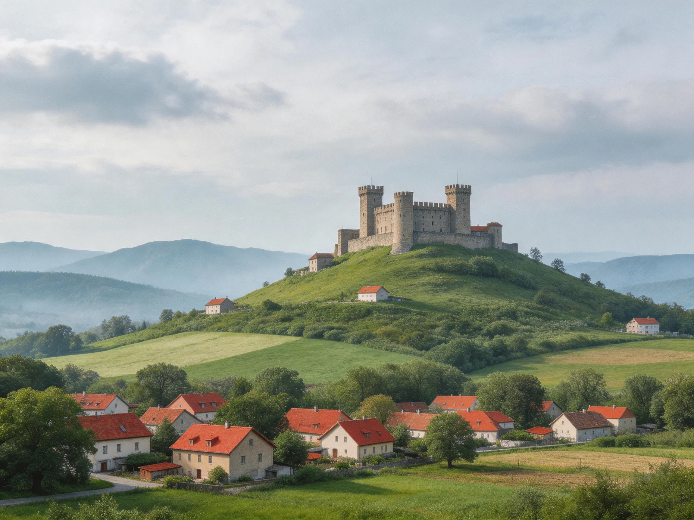 A medieval castle atop a lush green hill overlooks a village