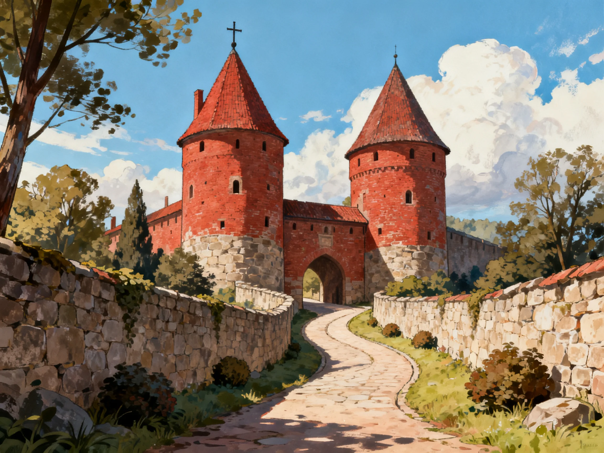 A medieval castle gate with two red-brick towers and stone walls