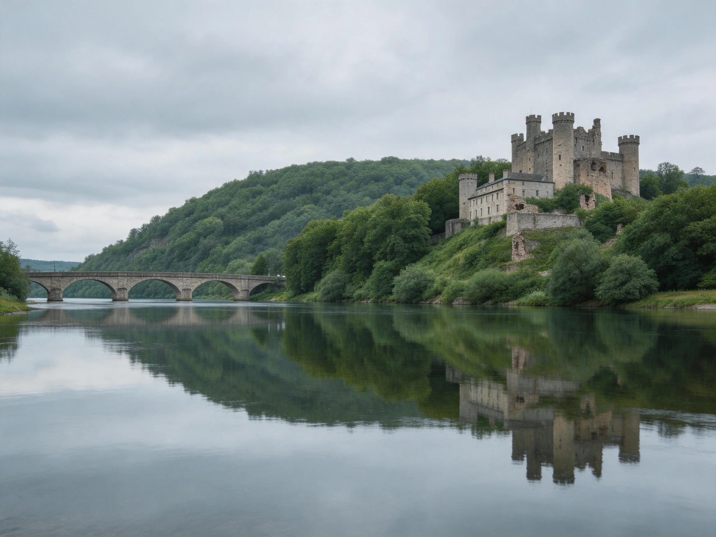 A medieval castle overlooks a calm river with an arched stone bridge