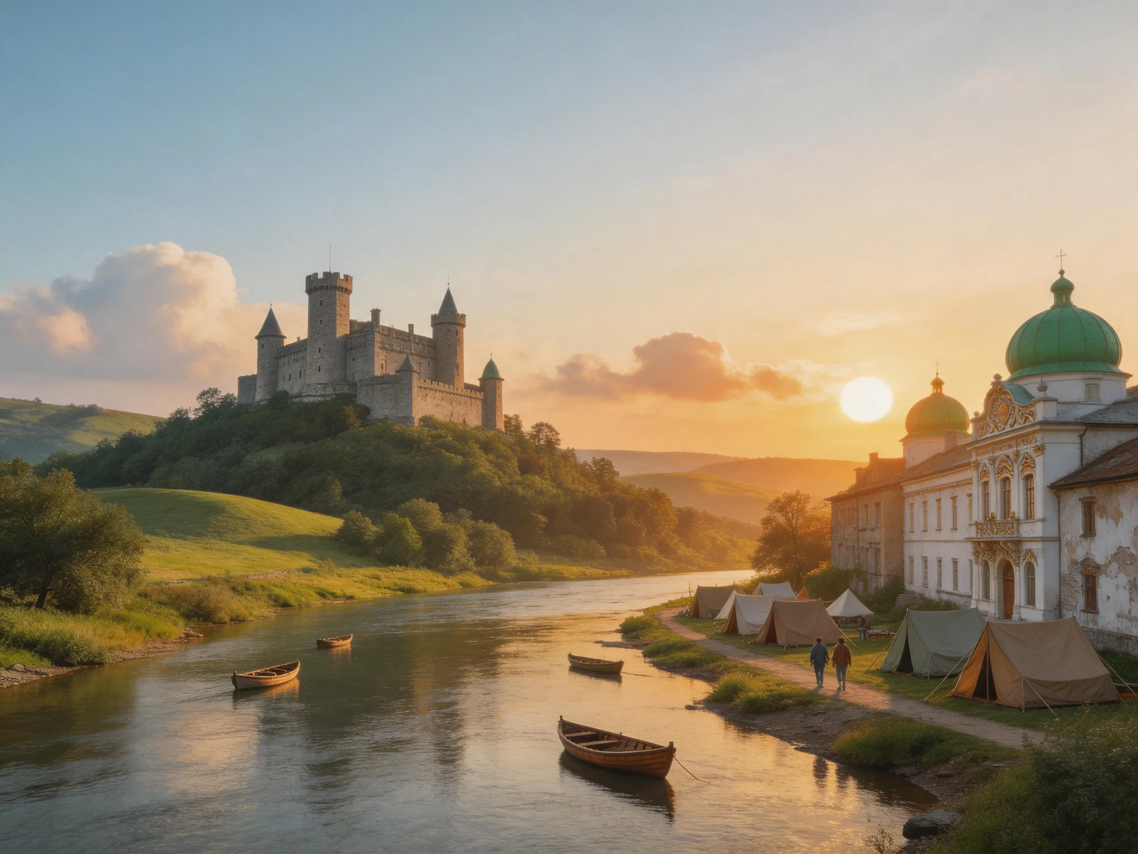 A medieval castle overlooks a river with boats and tents at sunset