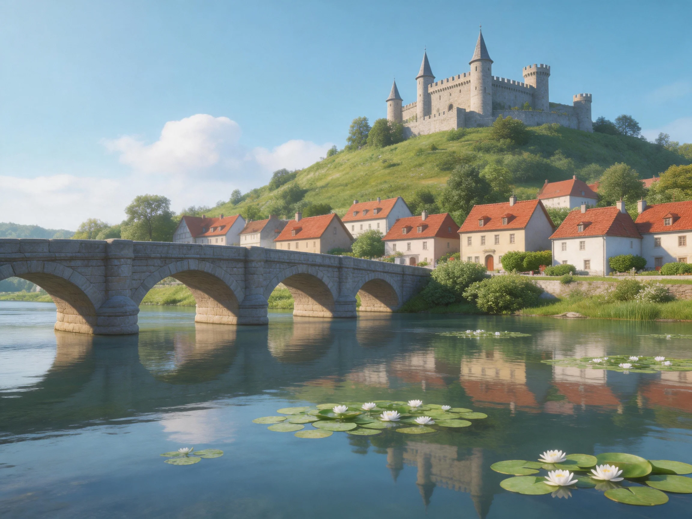 A medieval castle overlooks a village with red-roofed homes near a stone bridge