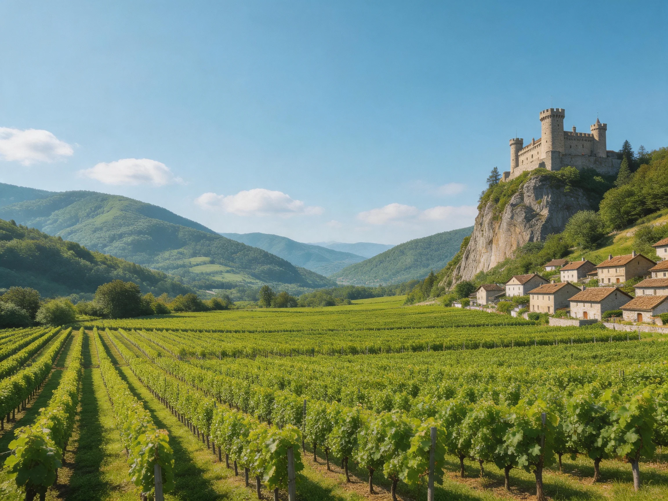 A medieval castle overlooks expansive vineyards beside a quaint village