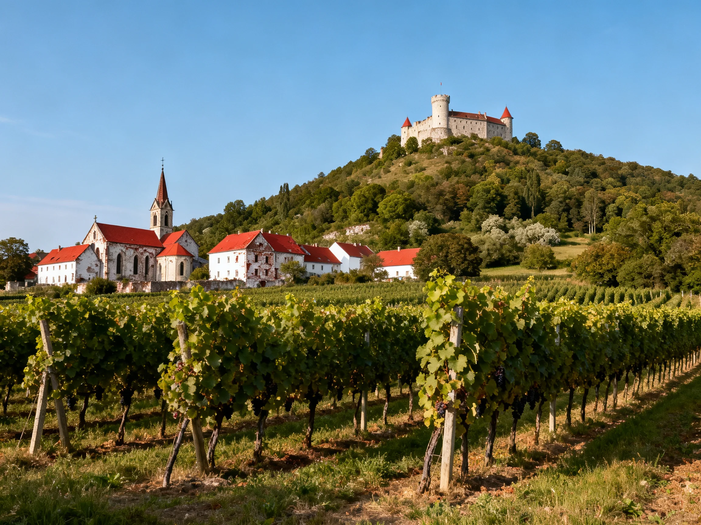 A medieval castle overlooks red-roofed village and vineyards