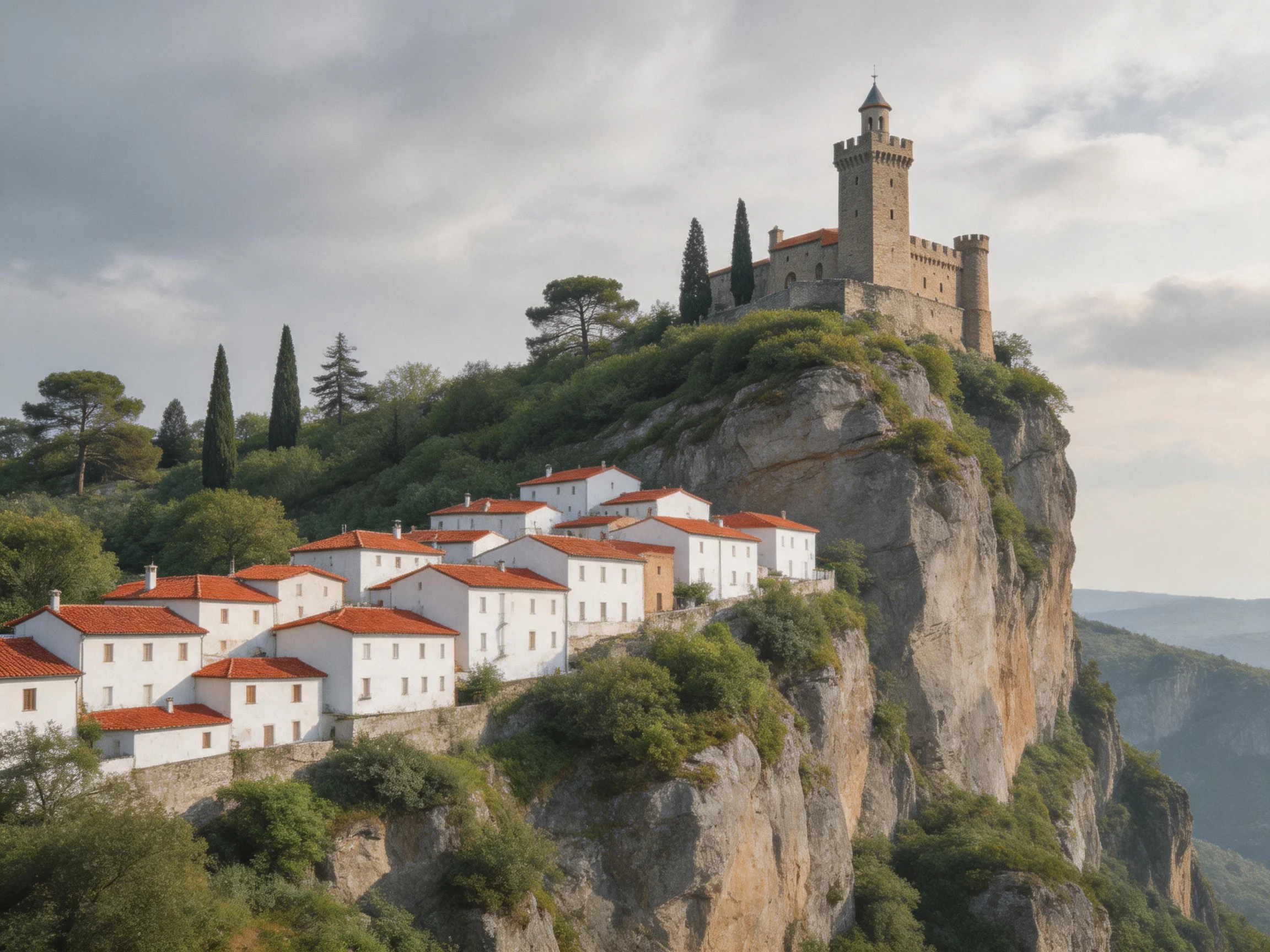 A medieval castle overlooks white-roofed village homes on a rocky cliff