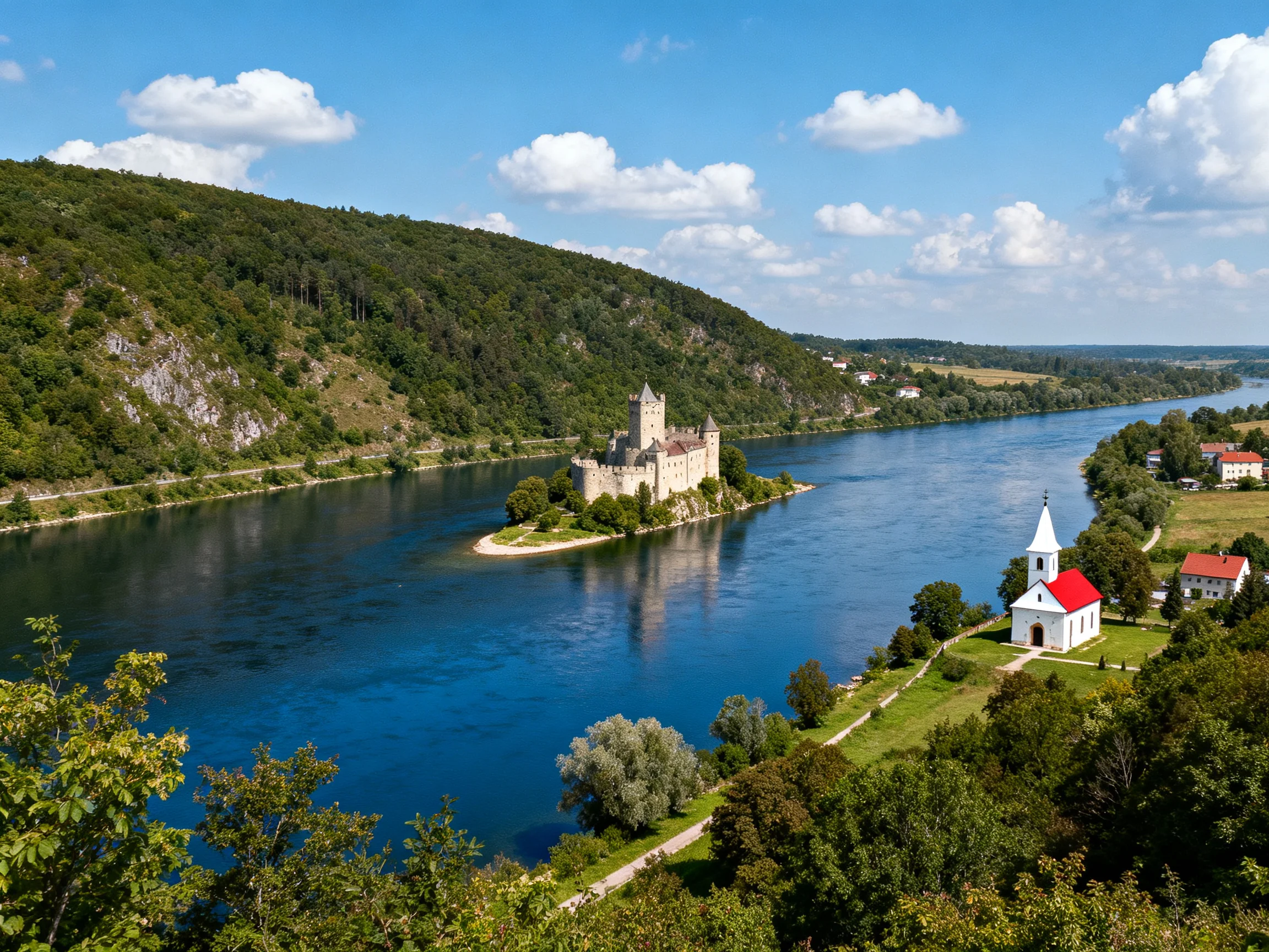 A medieval castle sits on a river island near a white church