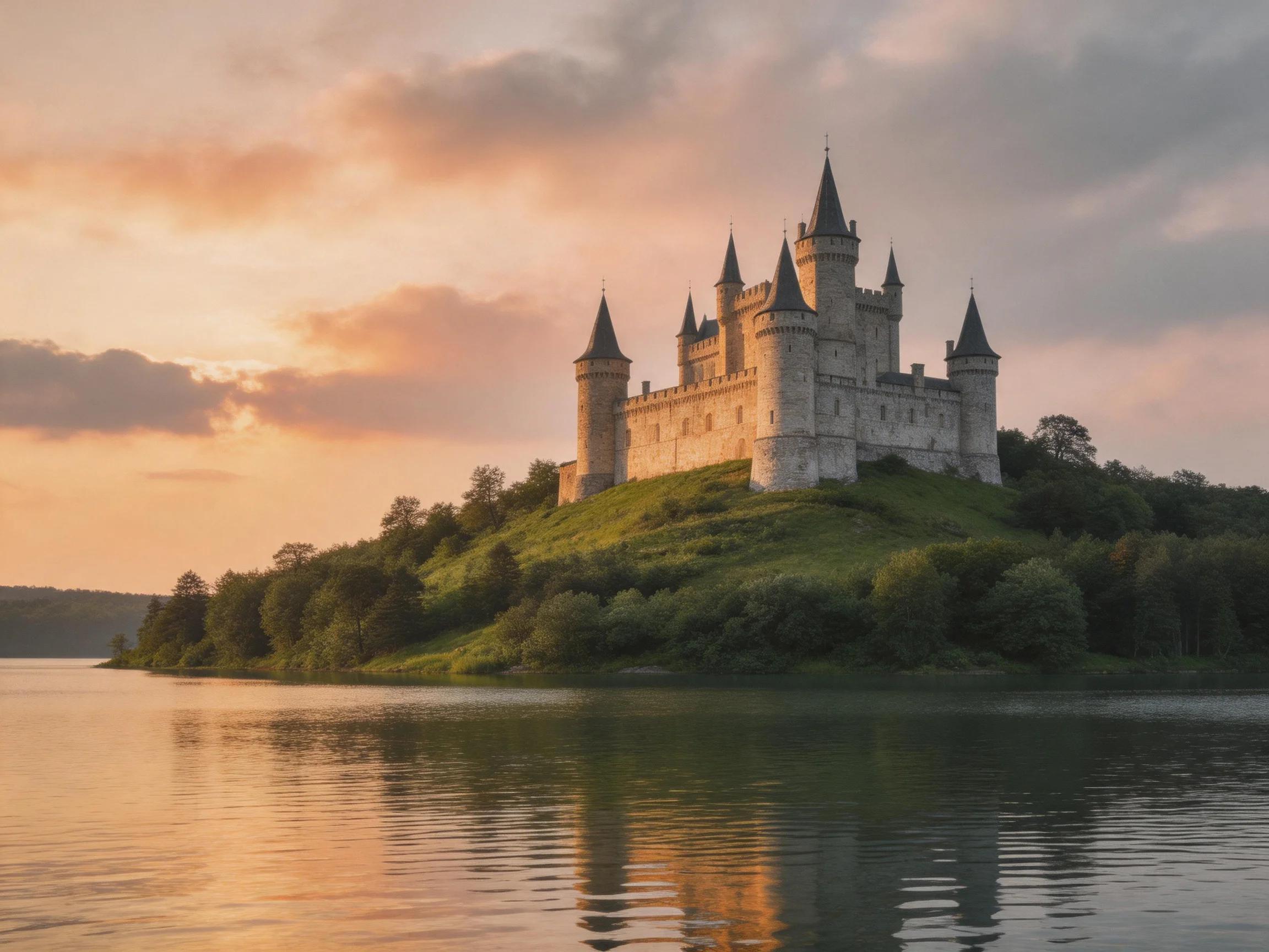 A medieval castle stands atop a lush green hill by calm waters at sunset