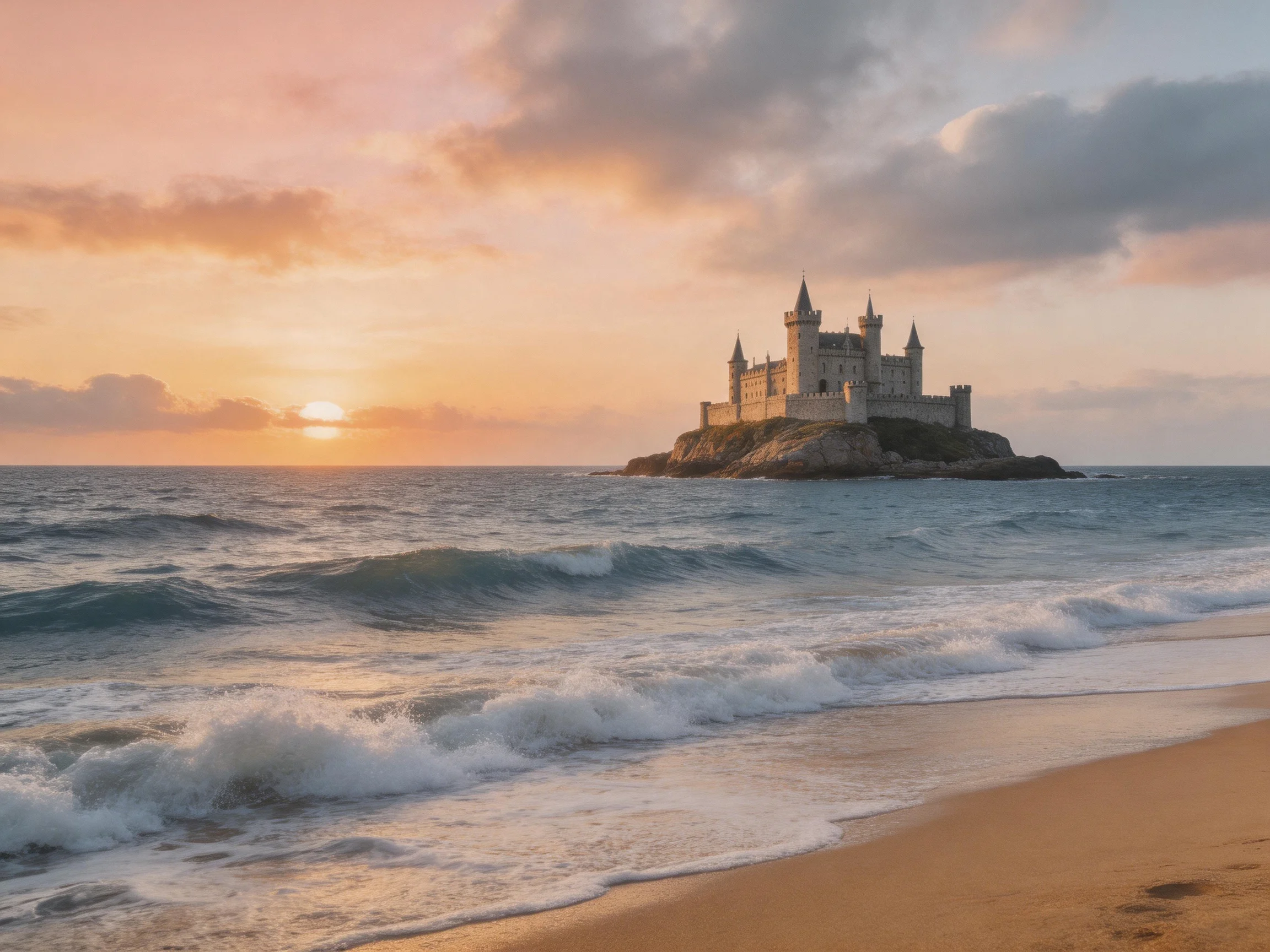 A medieval castle stands on a rocky sea islet beside a sandy beach at sunset