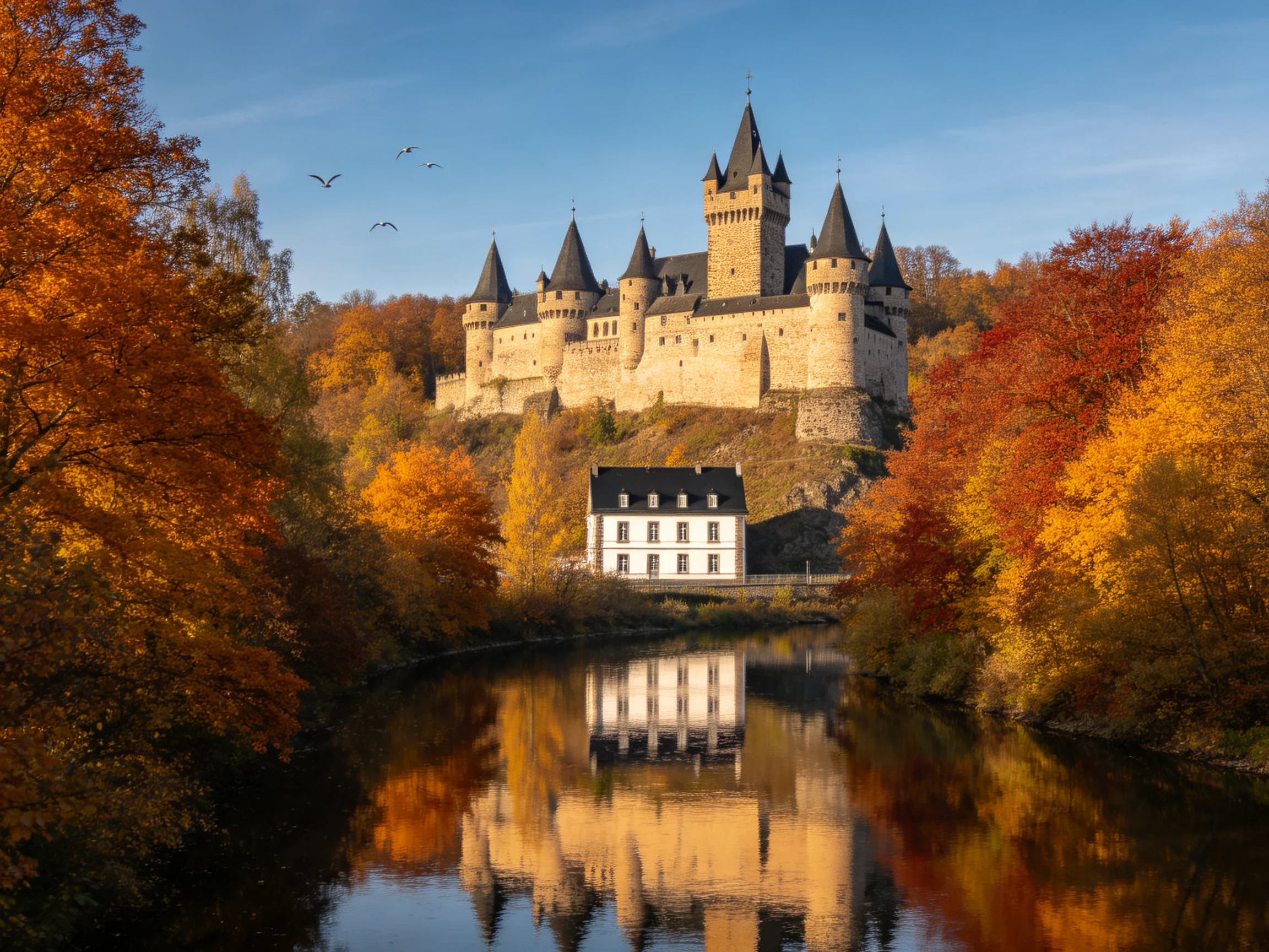 A medieval castle with dark spires overlooks vibrant autumn forests reflected in still water