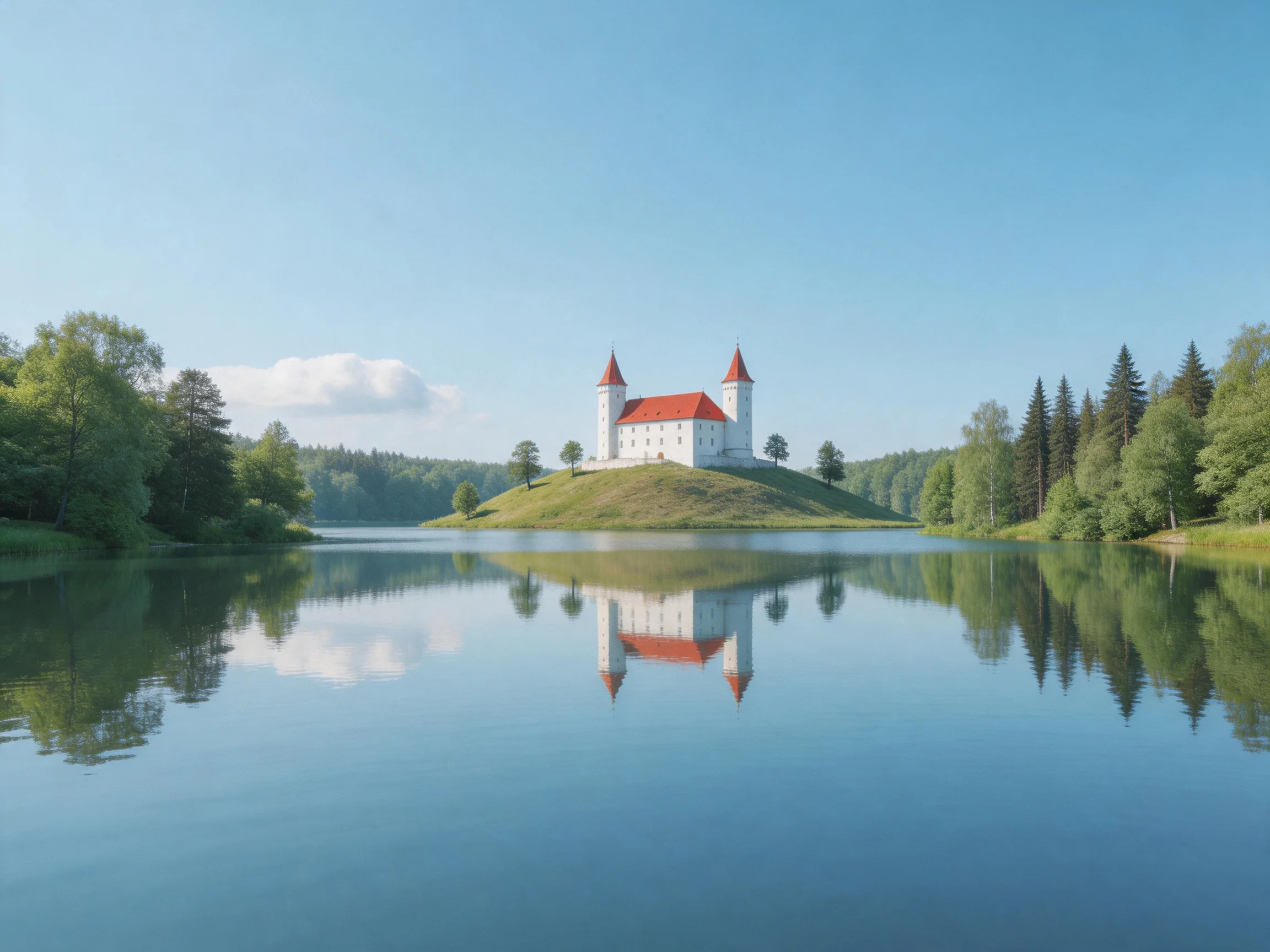 A medieval castle with red roofs atop a grassy hill beside a calm lake