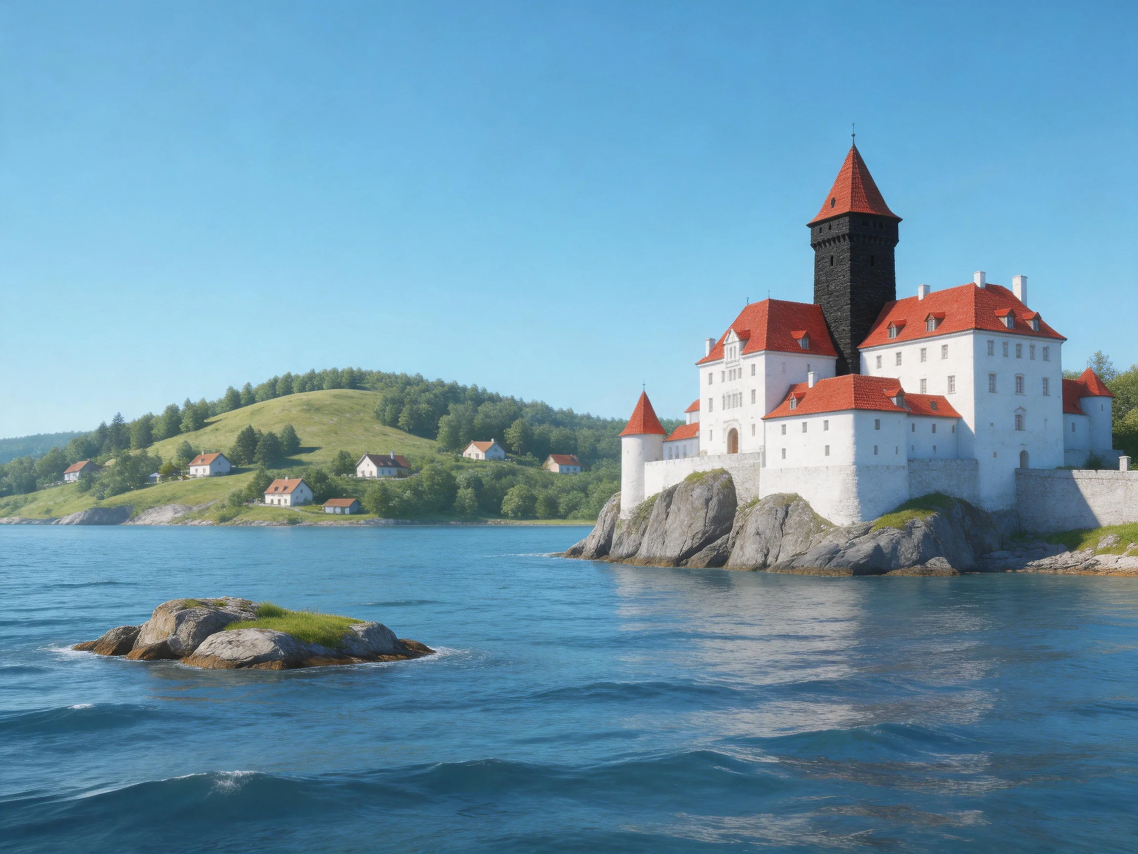 A medieval castle with red roofs perched on a rocky shoreline by calm blue waters