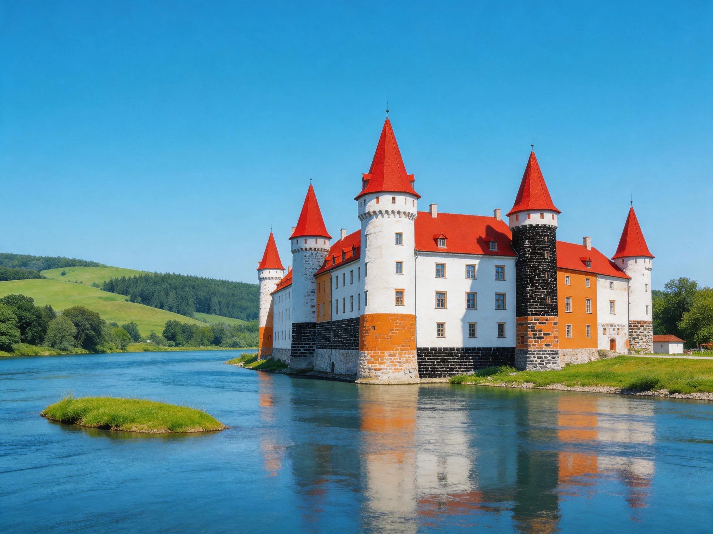 A medieval castle with red spires beside a calm river