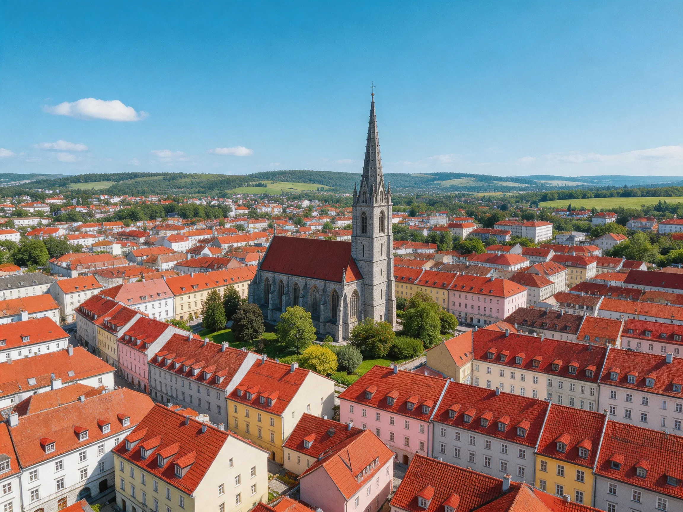 A medieval church tower amidst red-tiled rooftops and pastel buildings