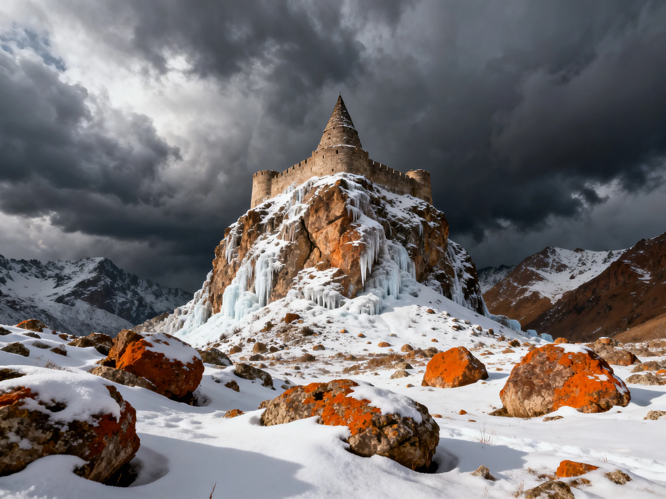 A medieval fortress atop an icy mountain peak with snowy terrain