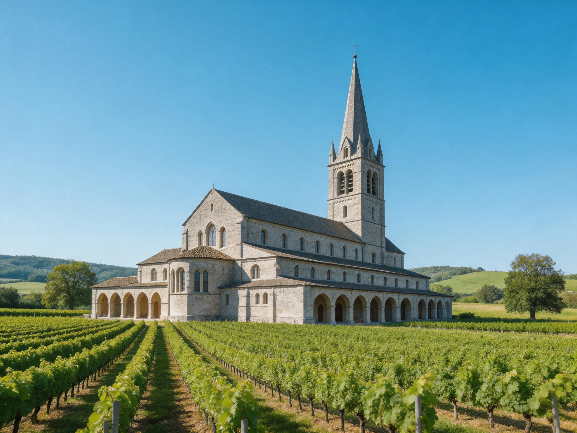 A medieval stone abbey near extensive vineyard fields