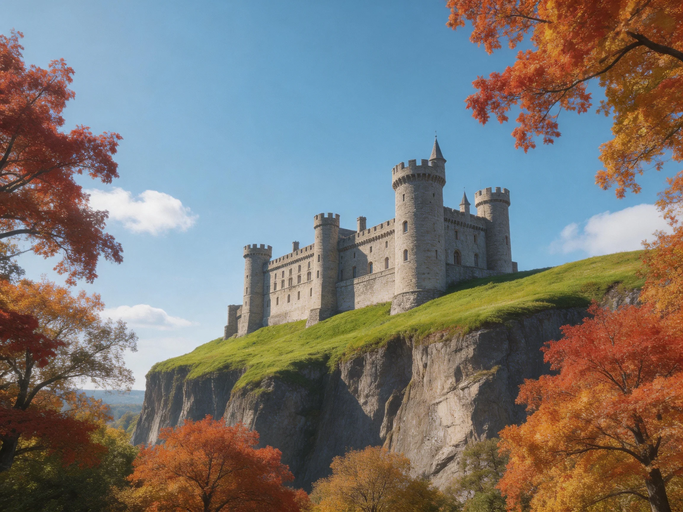 A medieval stone castle atop a grassy cliff with autumn foliage