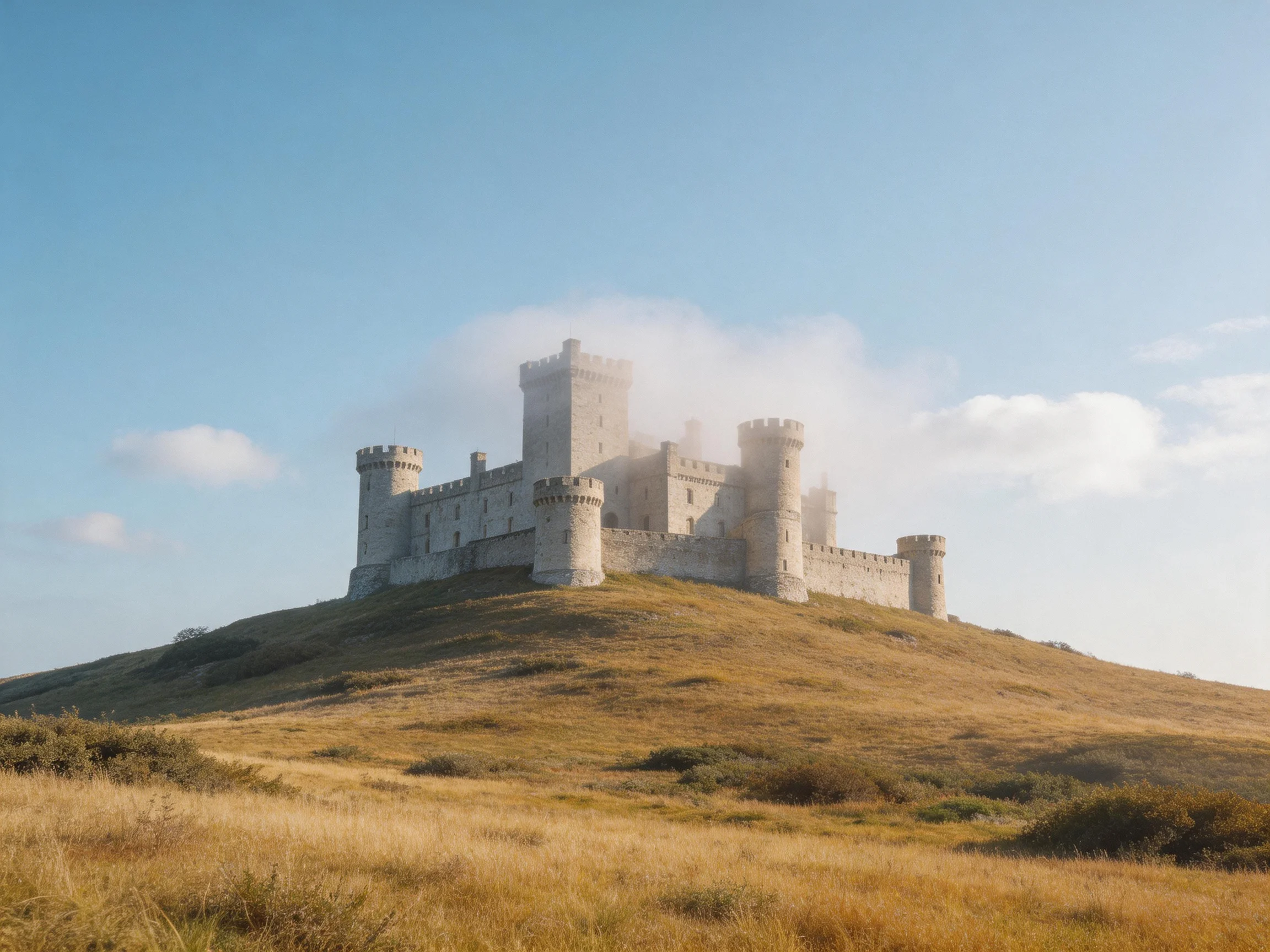 A medieval stone castle atop a grassy hill with morning mist