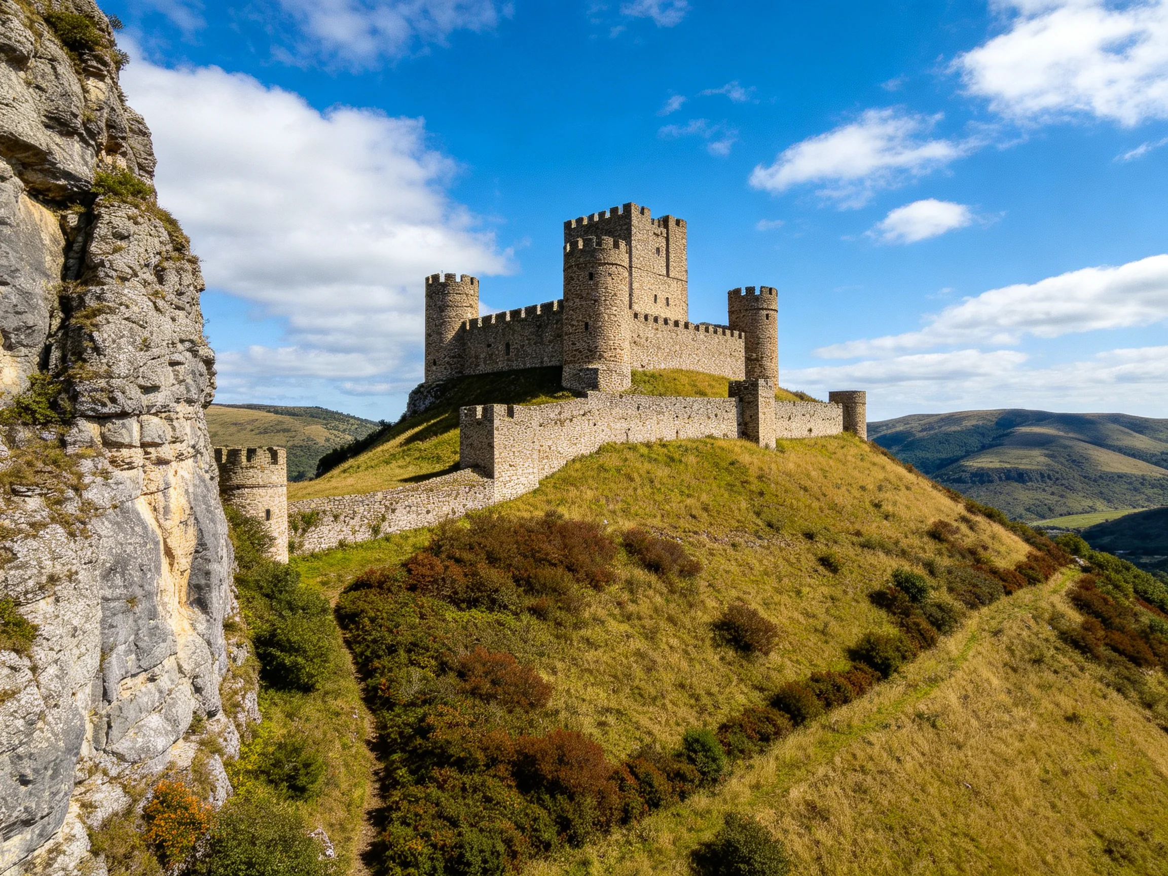A medieval stone castle atop a grassy hill with rocky cliffs