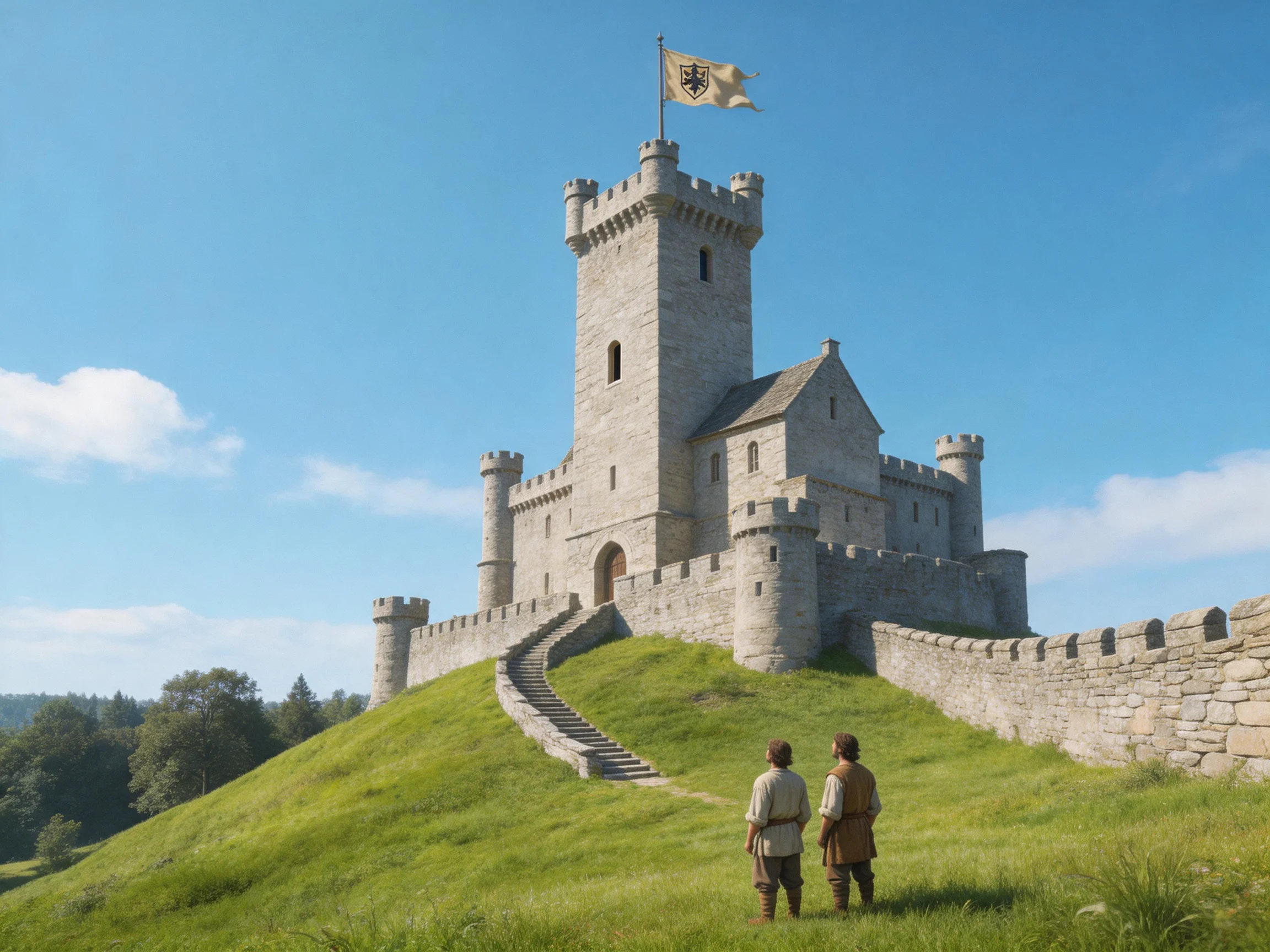 A medieval stone castle atop a grassy hill with two figures