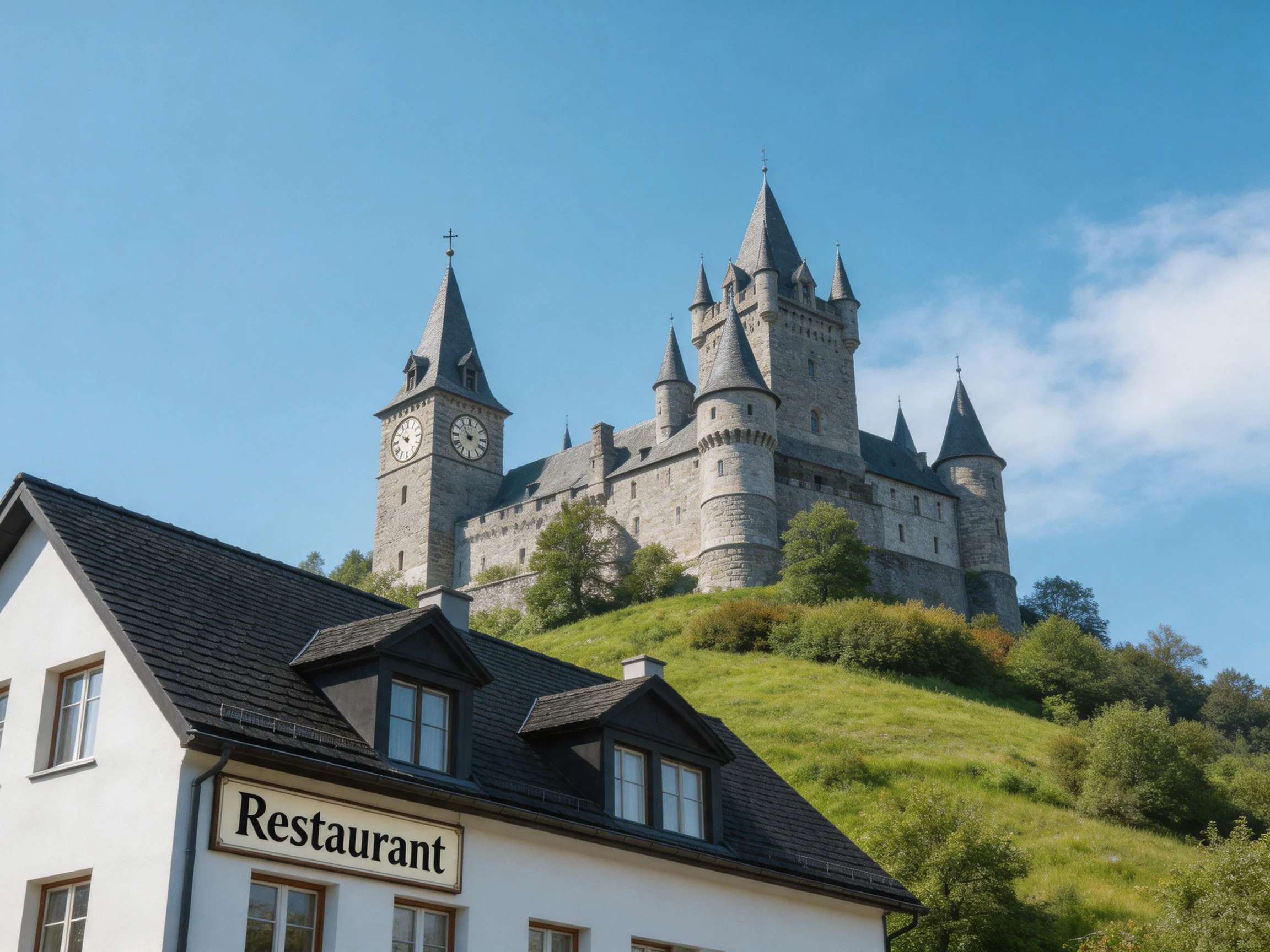 A medieval stone castle atop a green hill near a restaurant