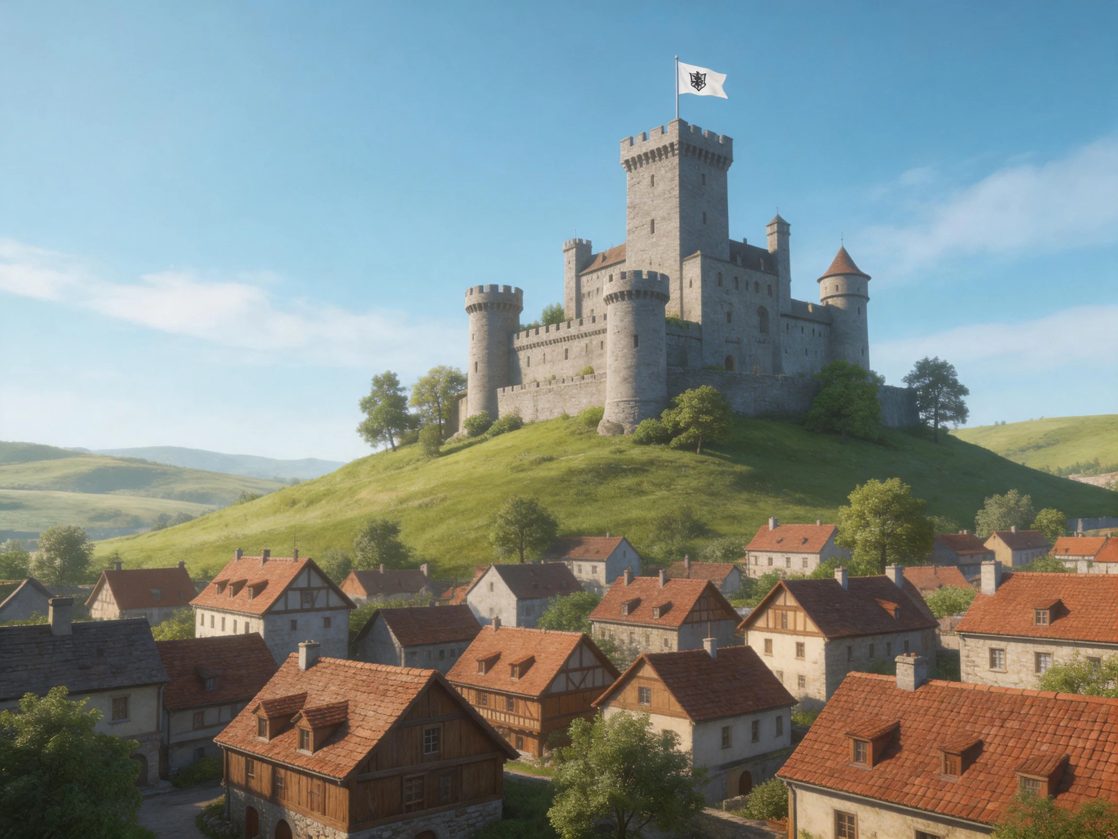 A medieval stone castle atop a green hill overlooks a village
