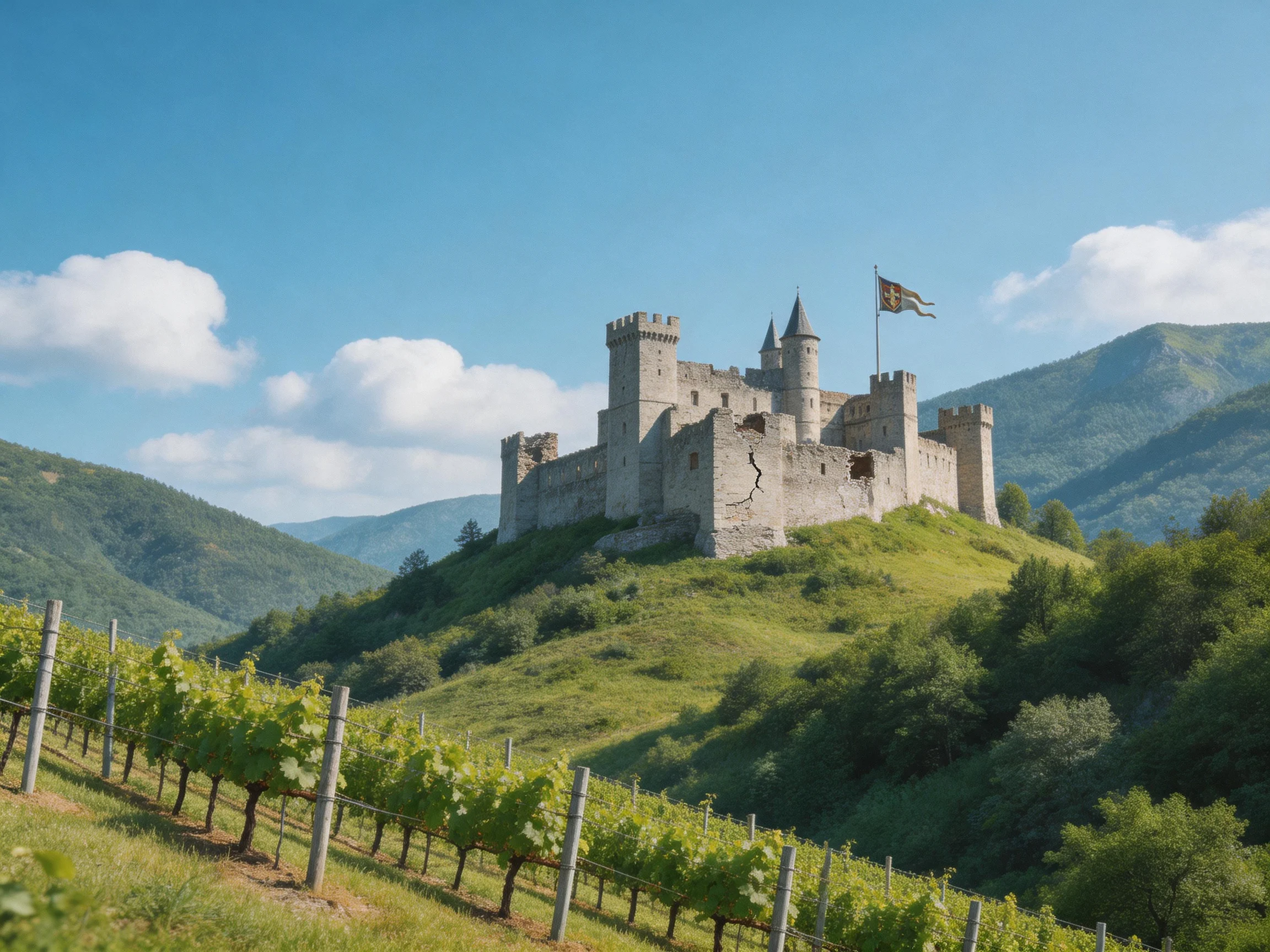 A medieval stone castle atop a green hillside with vineyards