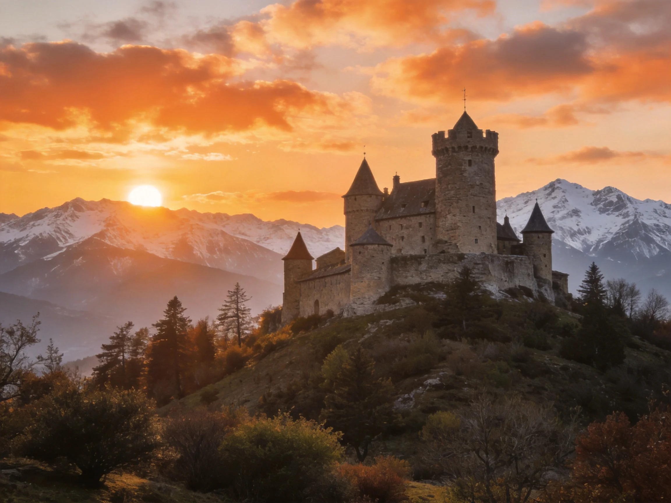 A medieval stone castle atop a hill during vibrant sunset