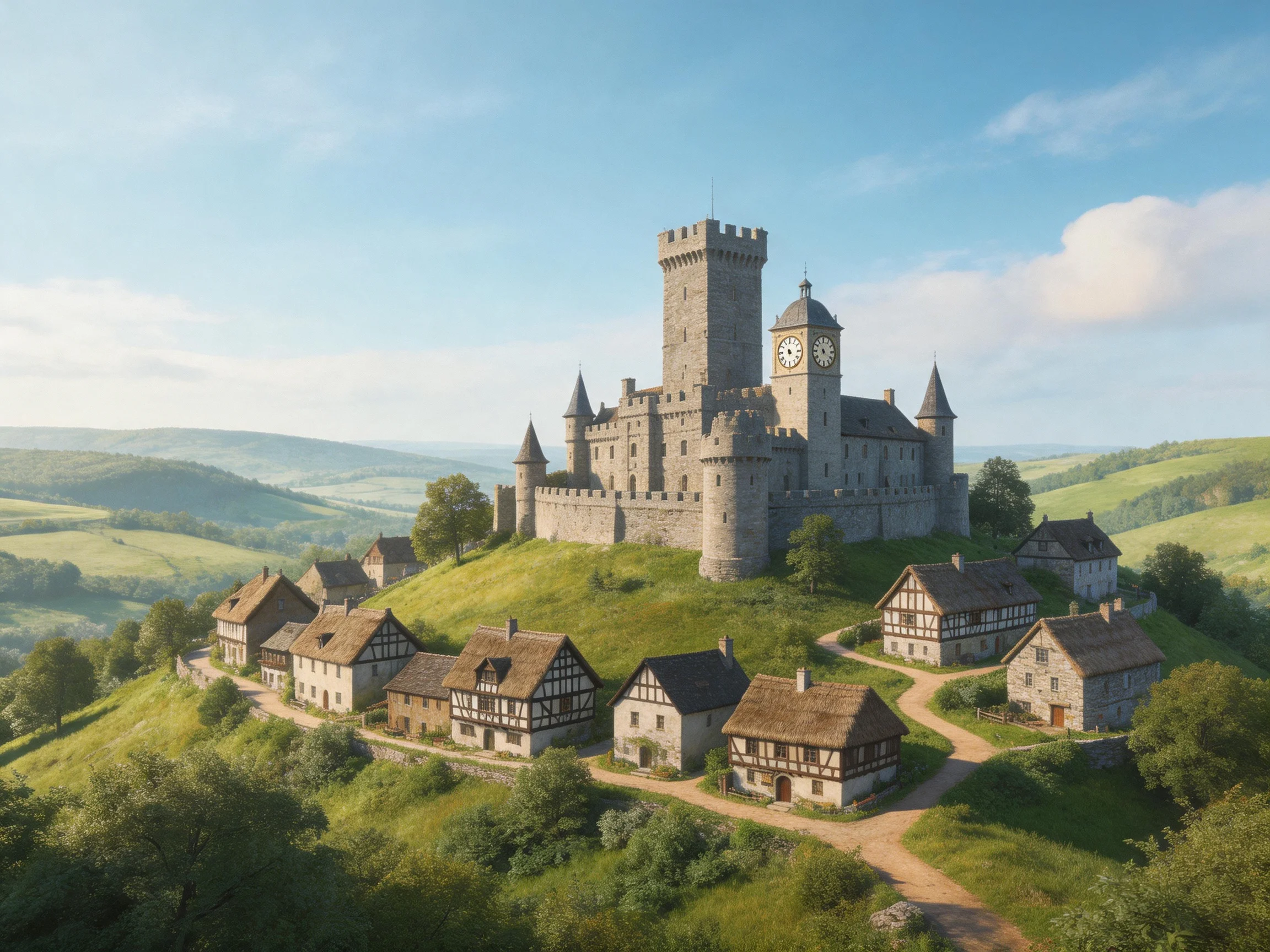 A medieval stone castle atop a hill with timber-framed villages
