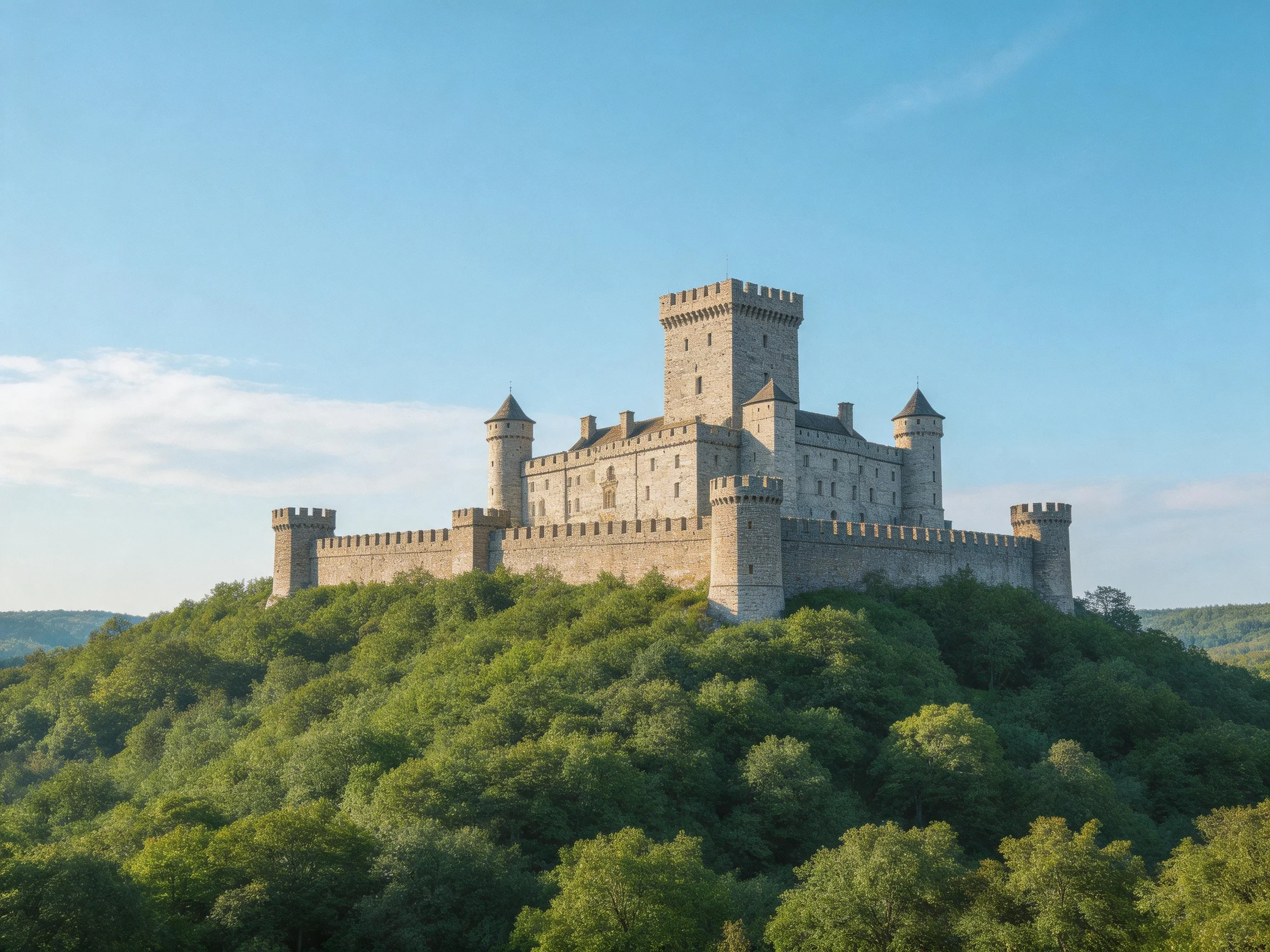 A medieval stone castle atop a lush green forested hill