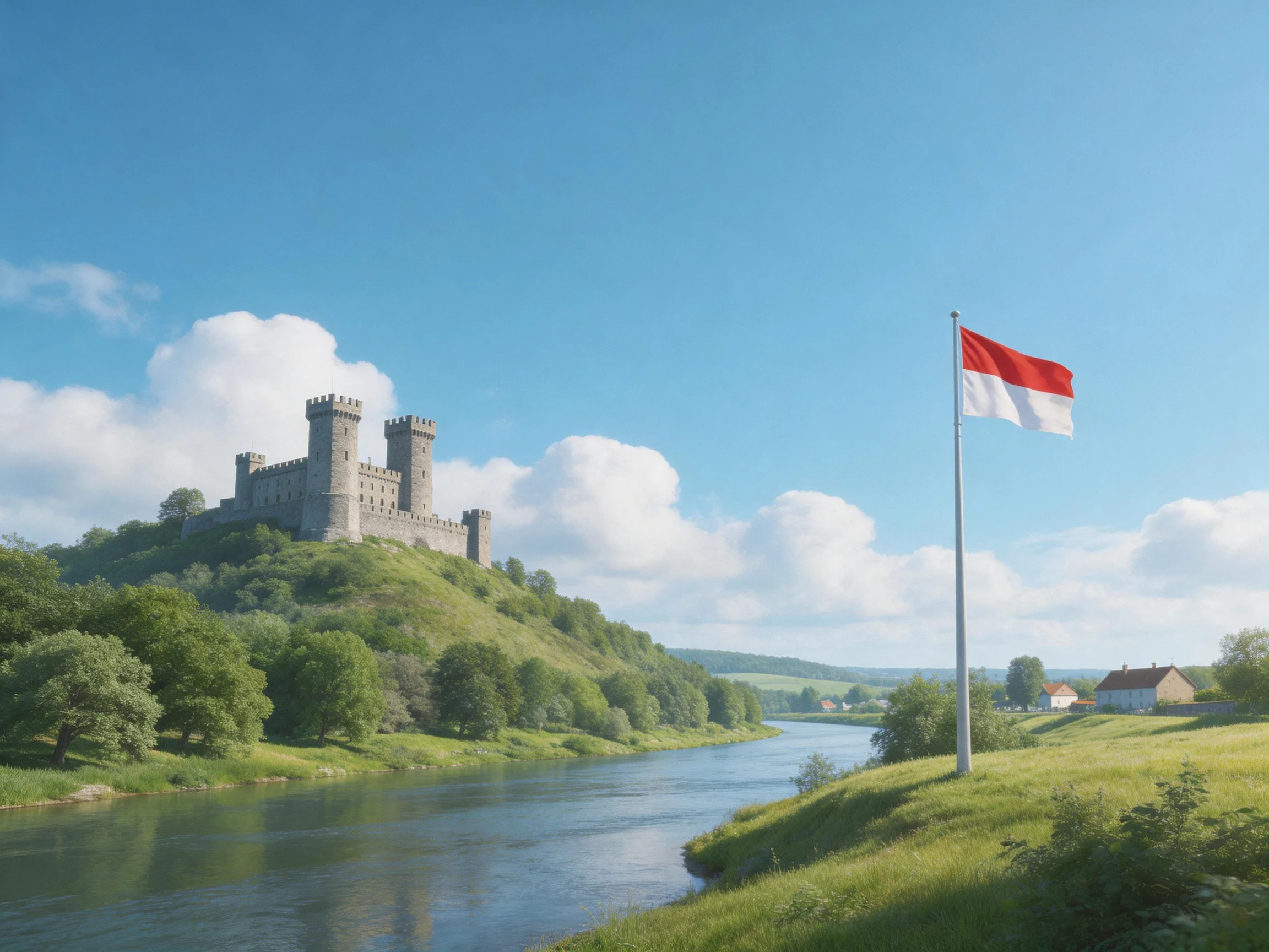 A medieval stone castle atop a lush green hill beside a winding river