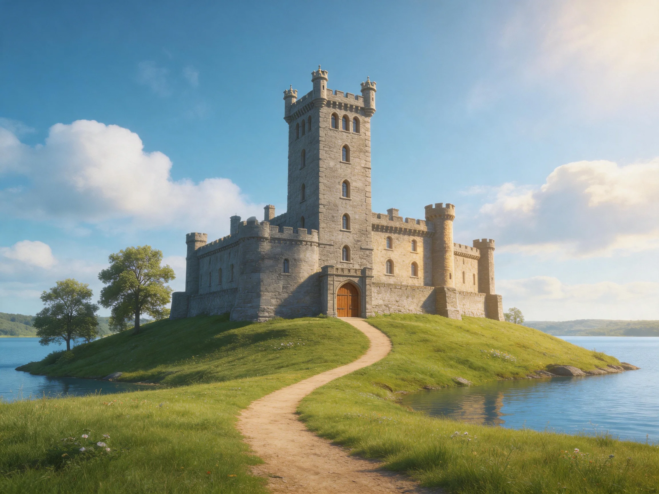 A medieval stone castle atop a lush green hill by calm waters