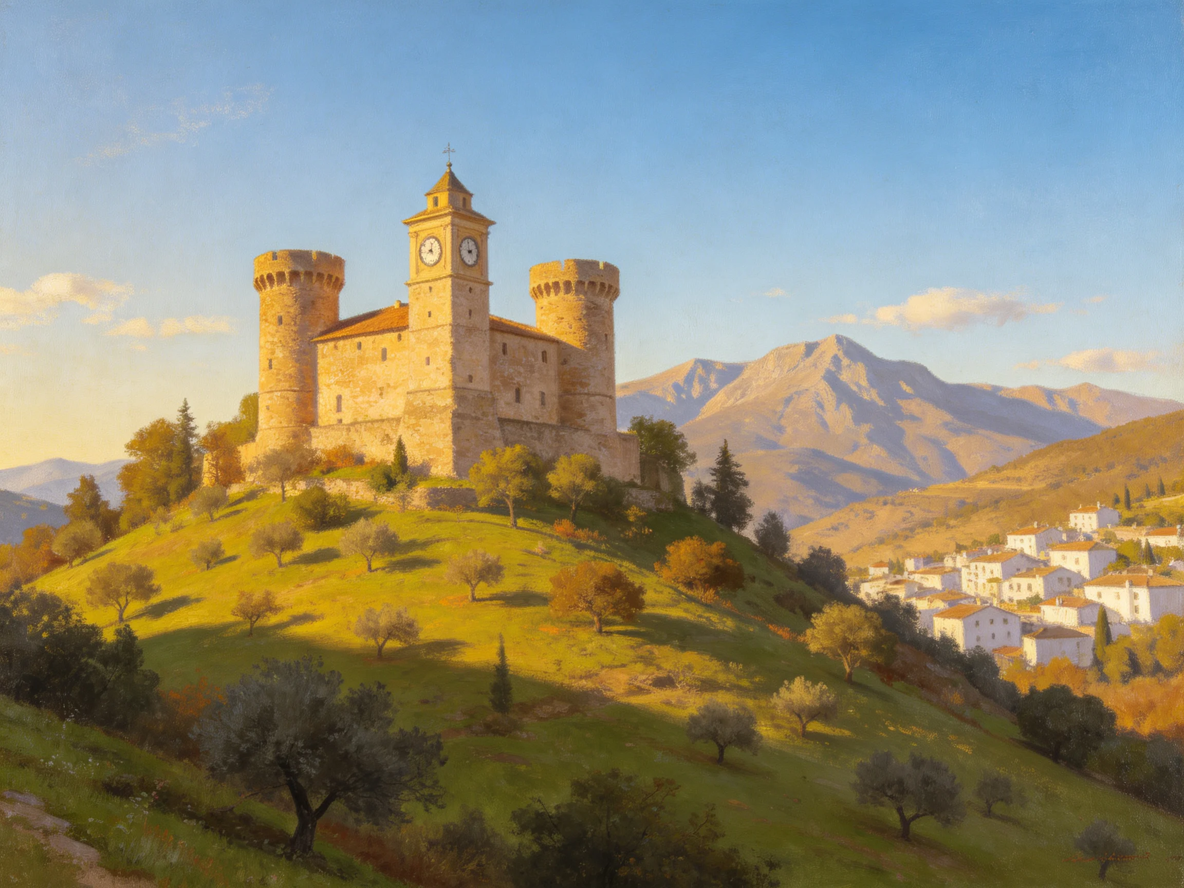 A medieval stone castle atop a lush green hill near a mountainous village