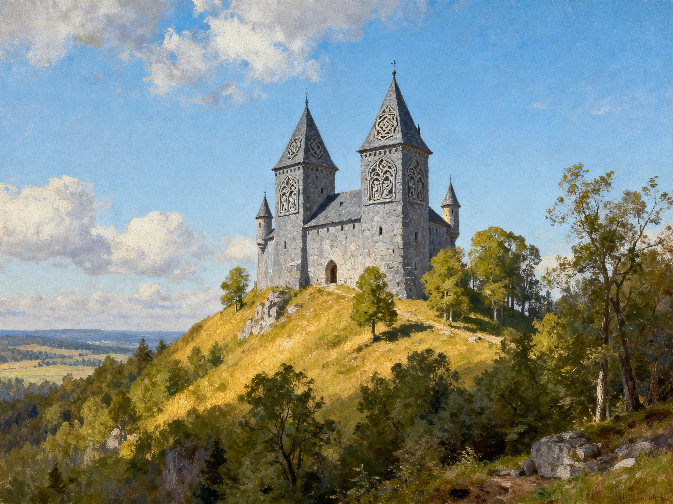 A medieval stone castle atop a lush green hill under a bright blue sky