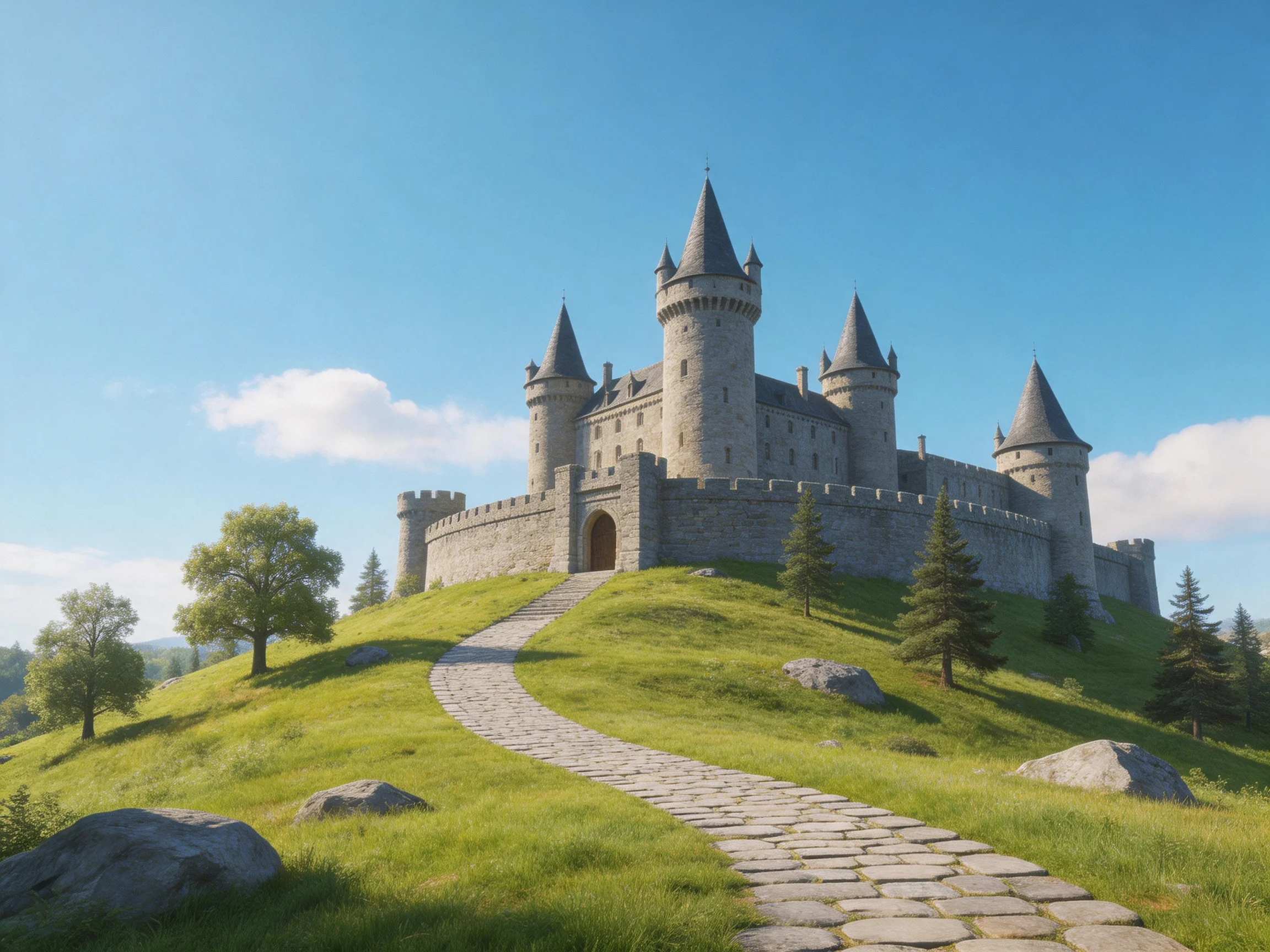 A medieval stone castle atop a lush green hill with cobblestone path