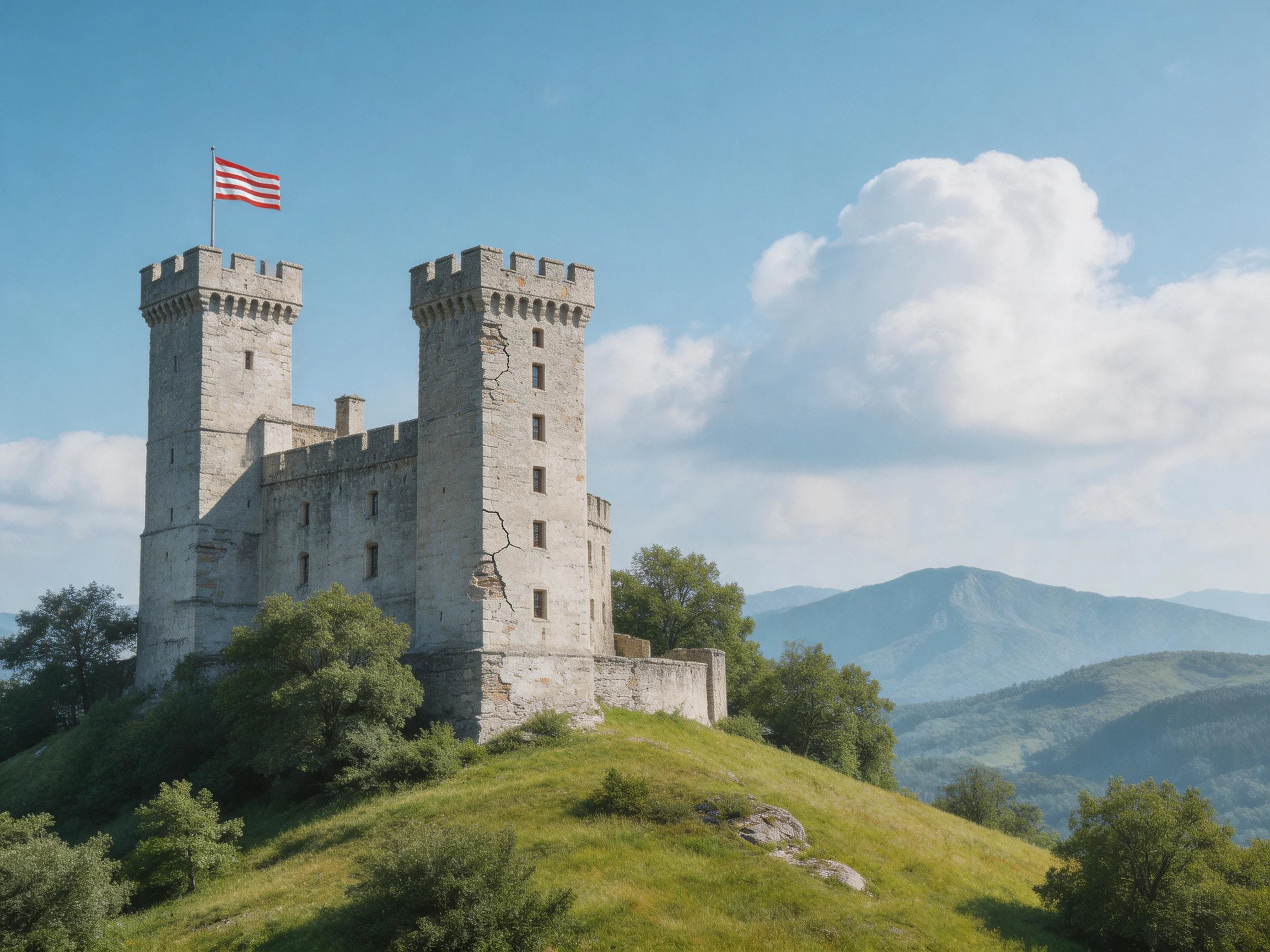 A medieval stone castle atop a lush green hill with distant mountains