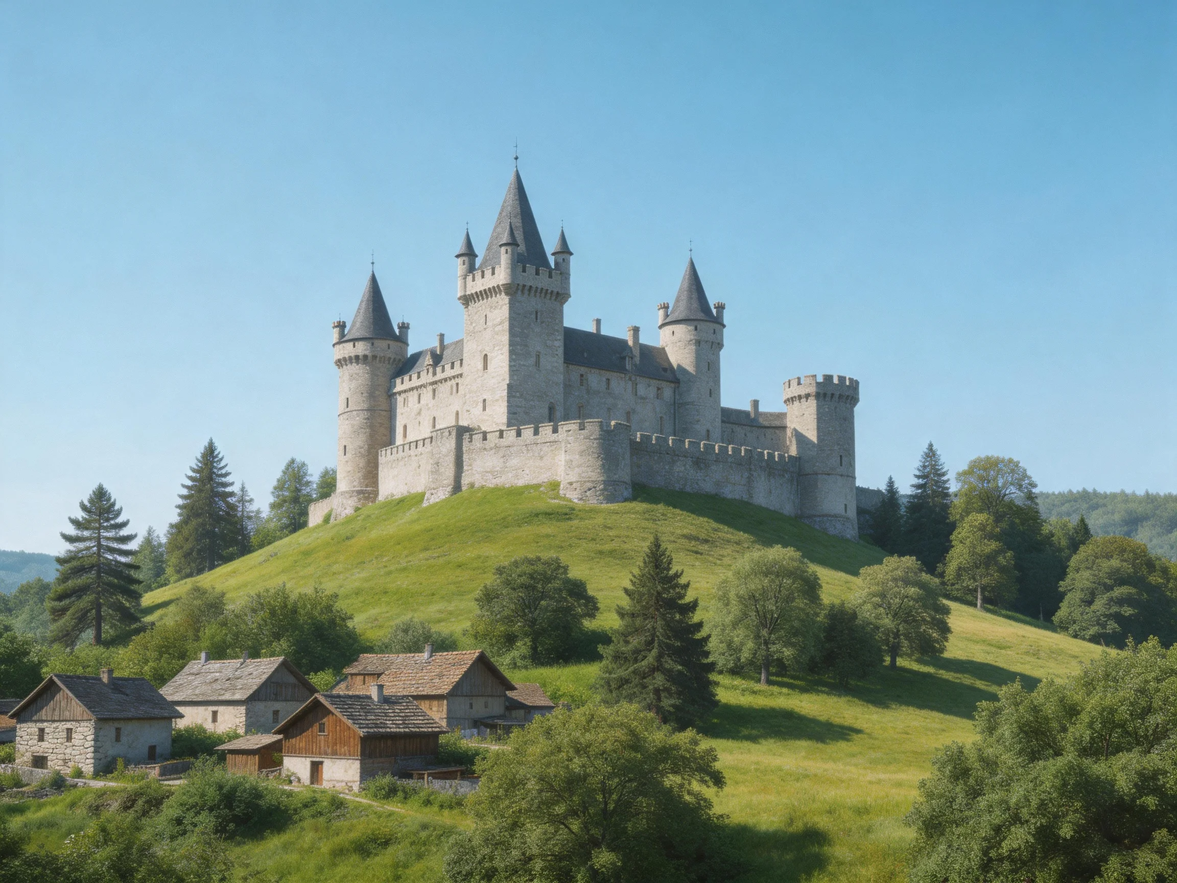 A medieval stone castle atop a lush green hill with nearby cottages