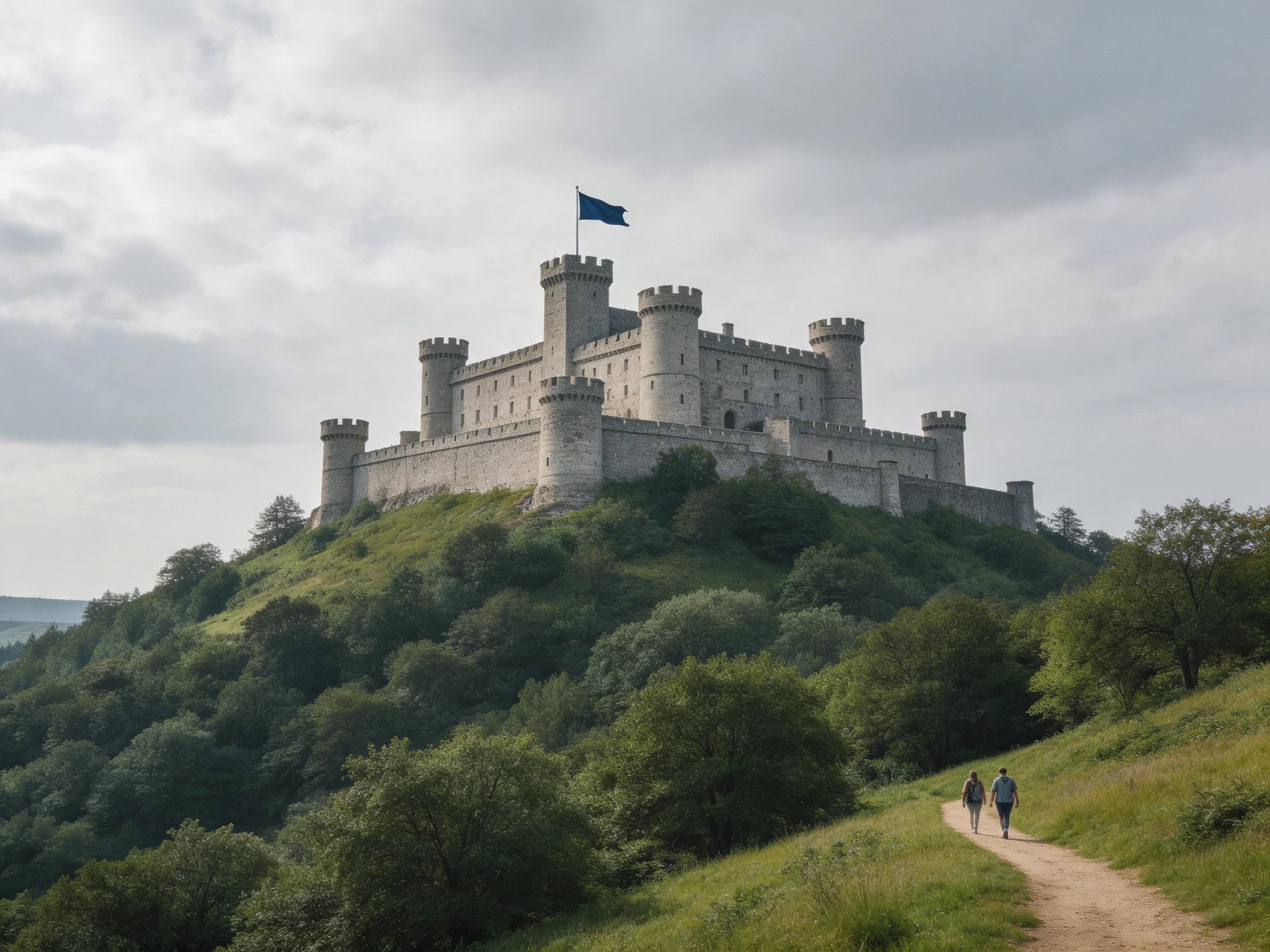 A medieval stone castle atop a lush green hill with two walkers