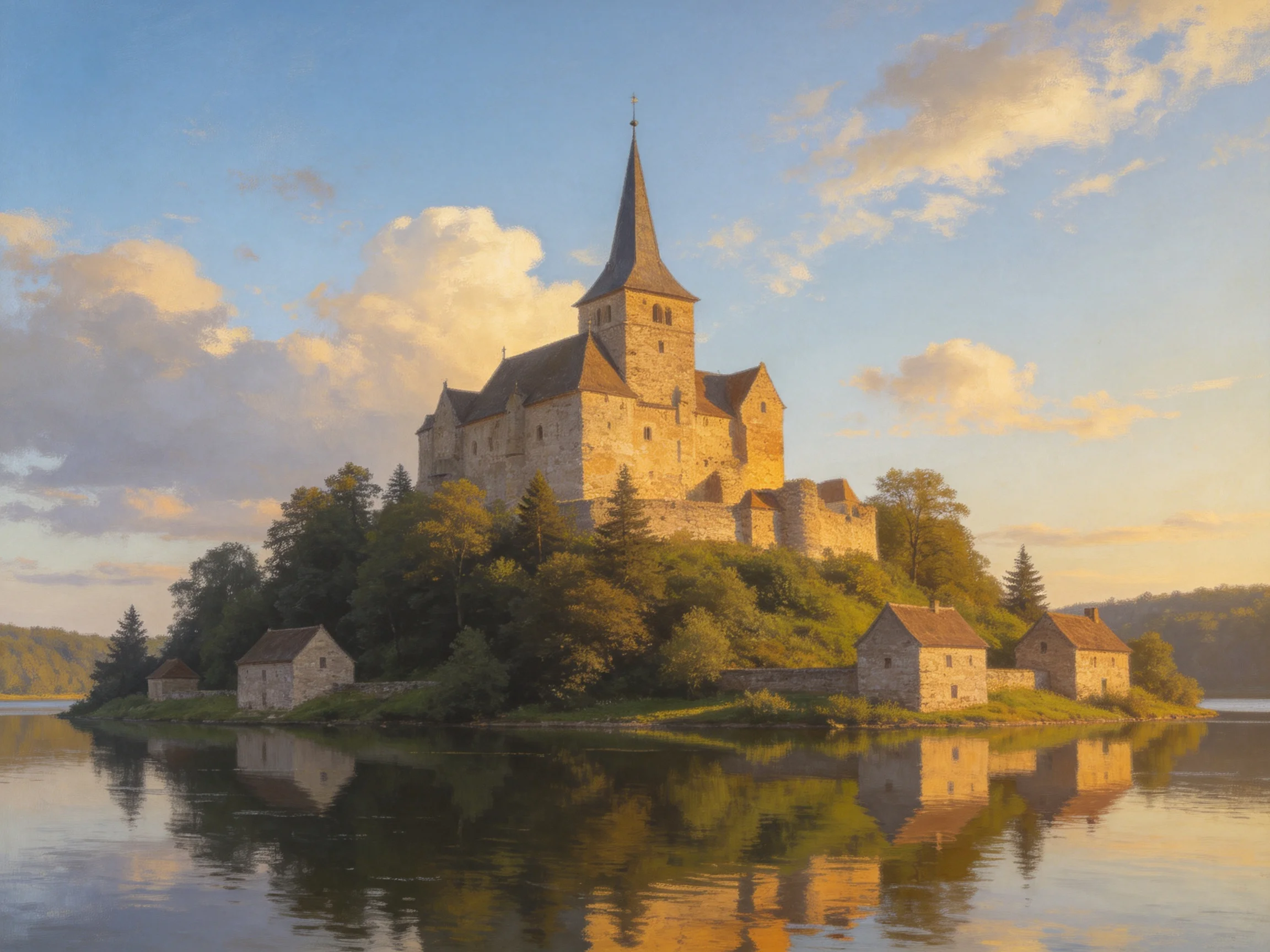 A medieval stone castle atop a lush green island by calm waters