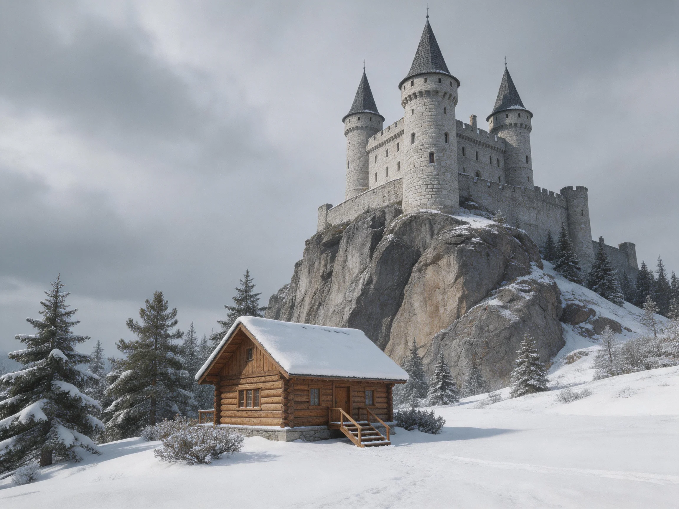 A medieval stone castle atop a rocky cliff beside a snow-covered log cabin