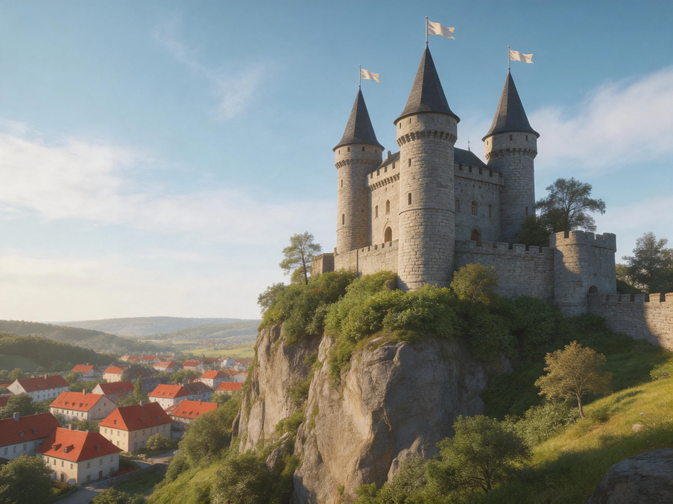 A medieval stone castle atop a rocky cliff overlooks a village