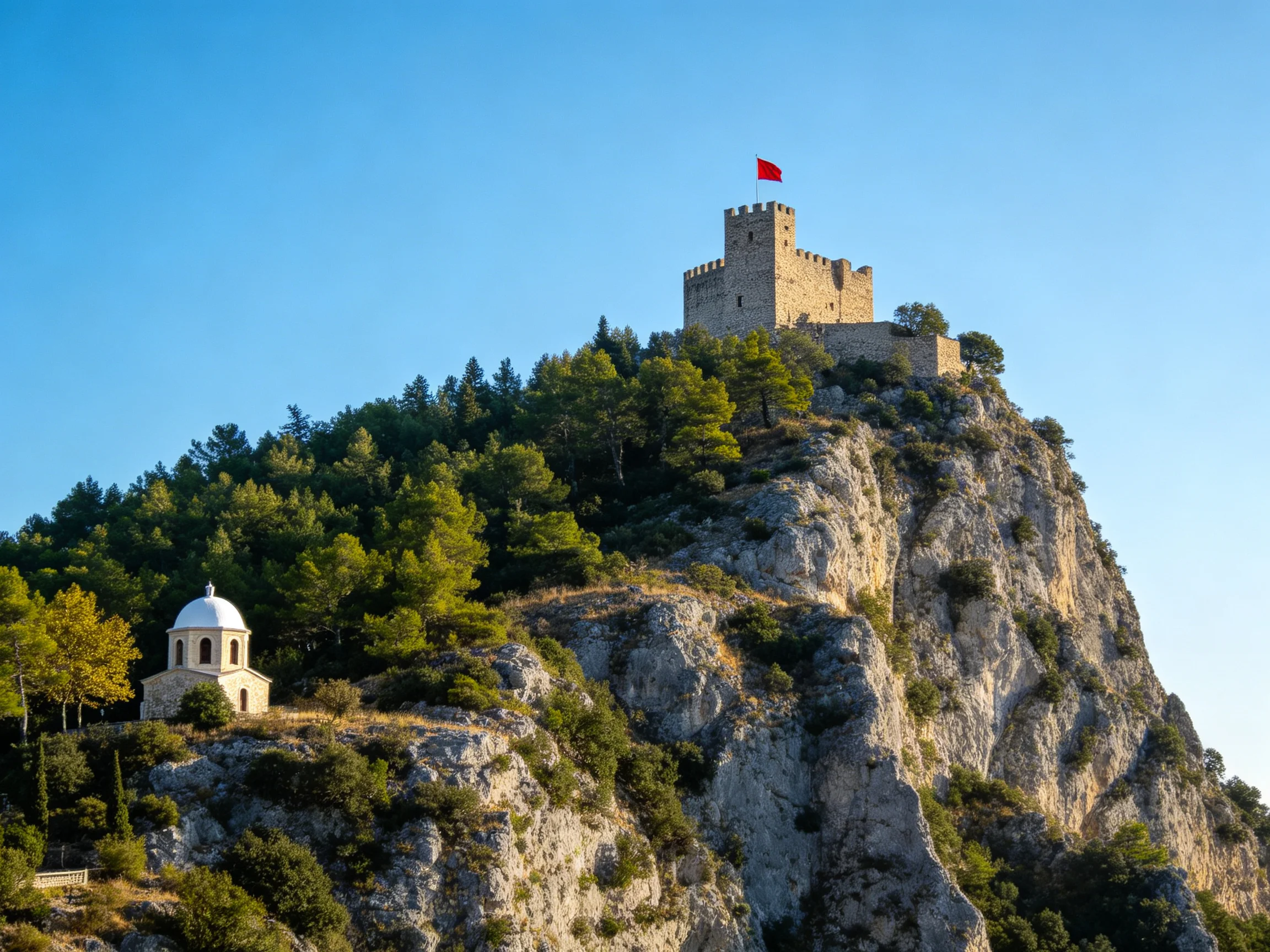 A medieval stone castle atop a rocky cliff with a red flag
