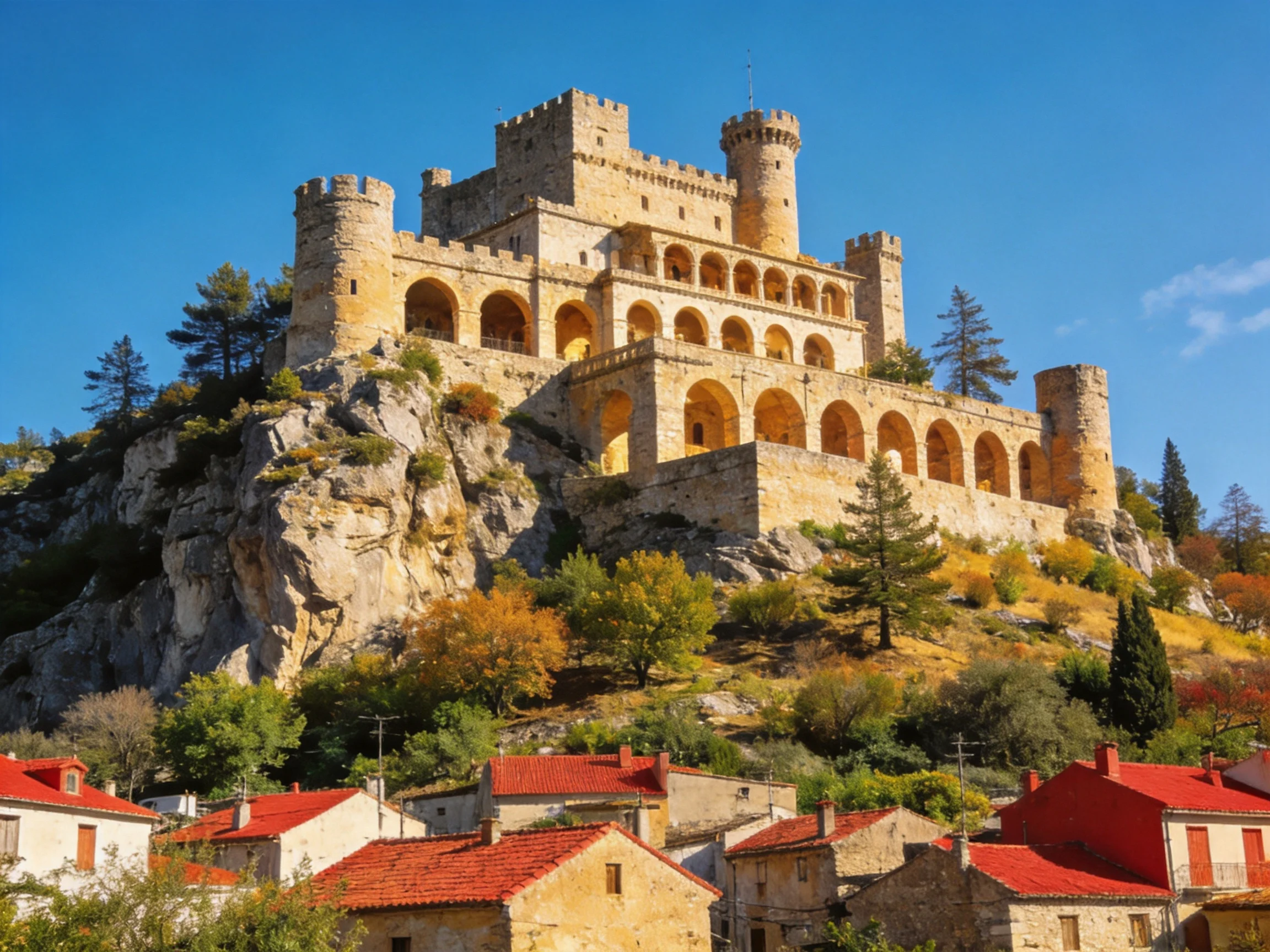 A medieval stone castle atop a rocky hill with red-roofed village