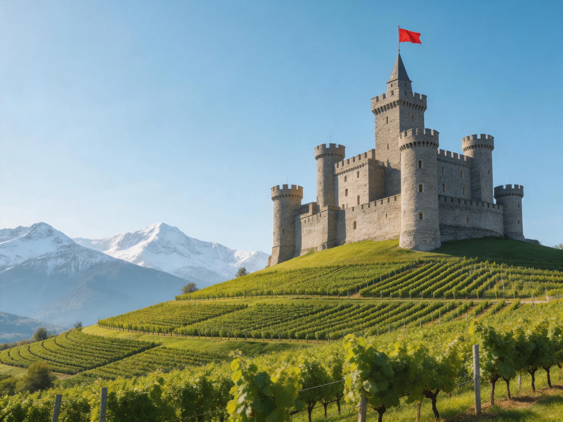A medieval stone castle atop a vineyard hill near snow-capped mountains
