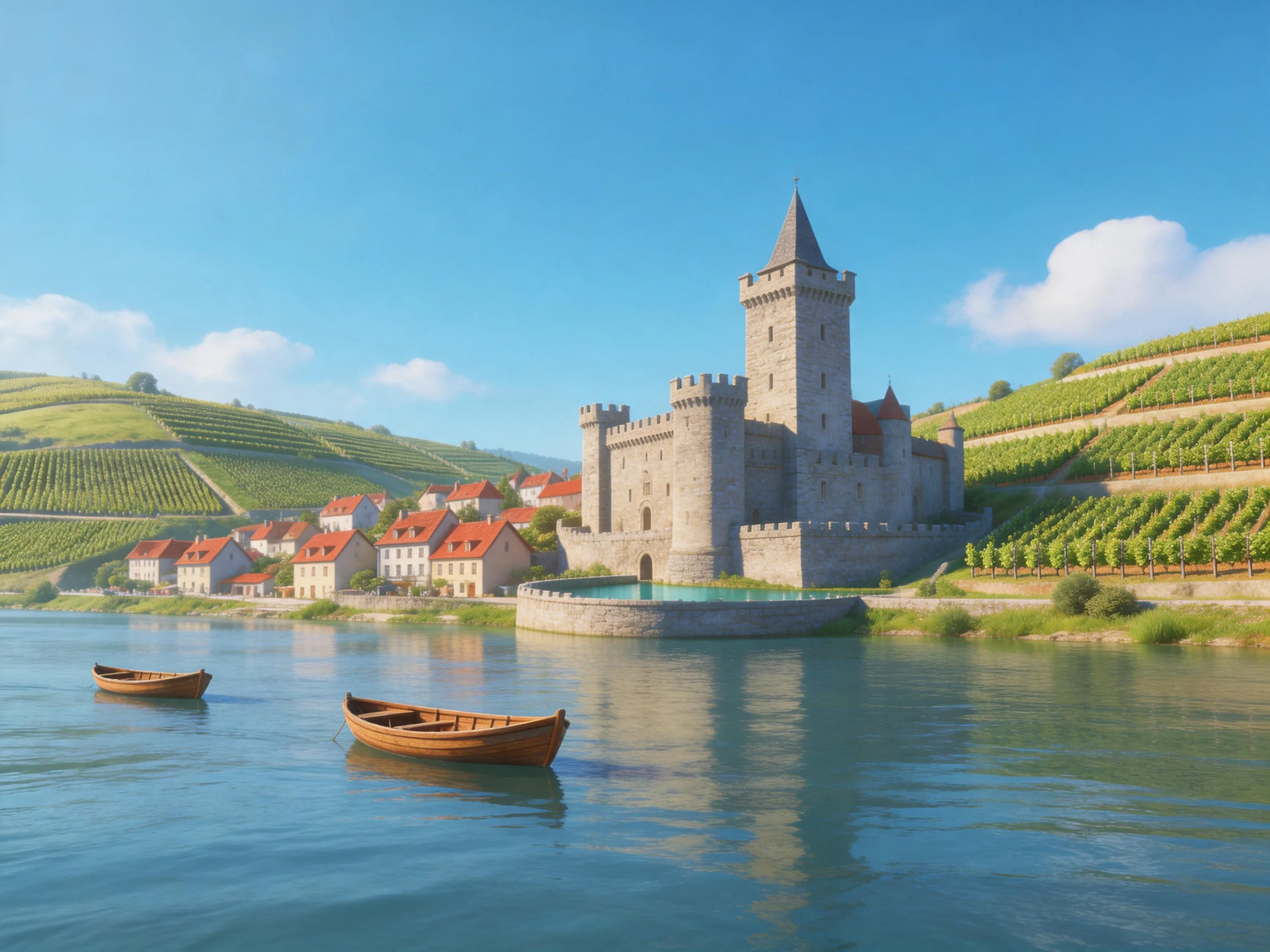 A medieval stone castle by a calm blue river with terraced vineyards
