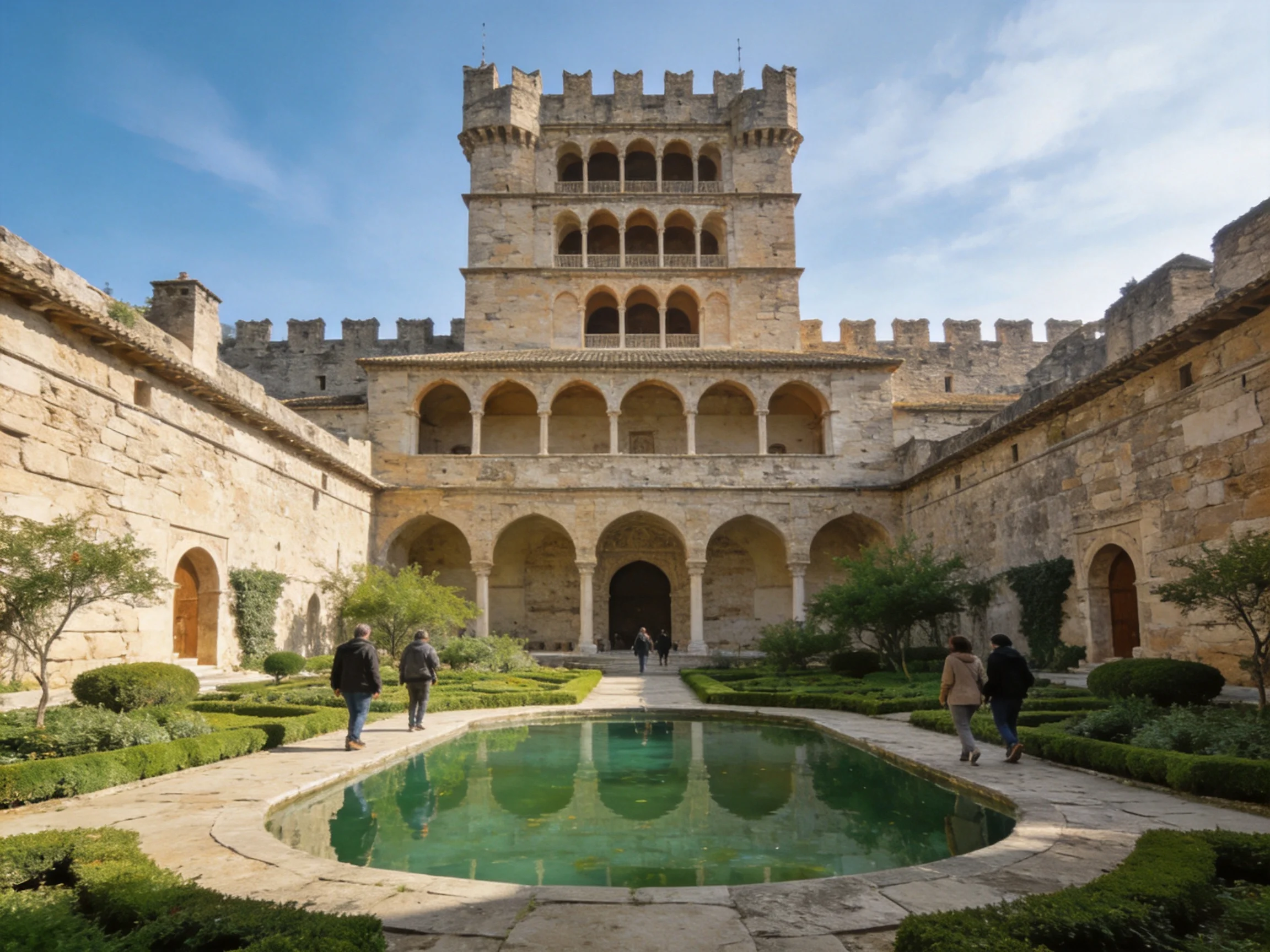 A medieval stone castle courtyard with a central reflecting pool