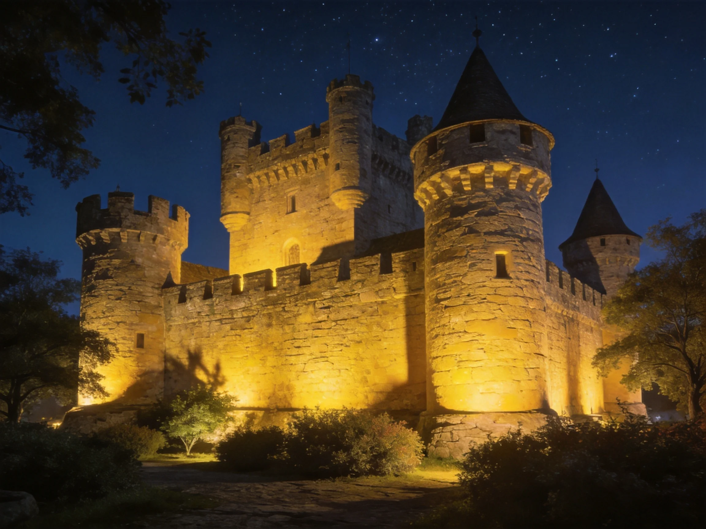 A medieval stone castle illuminated by golden evening lights